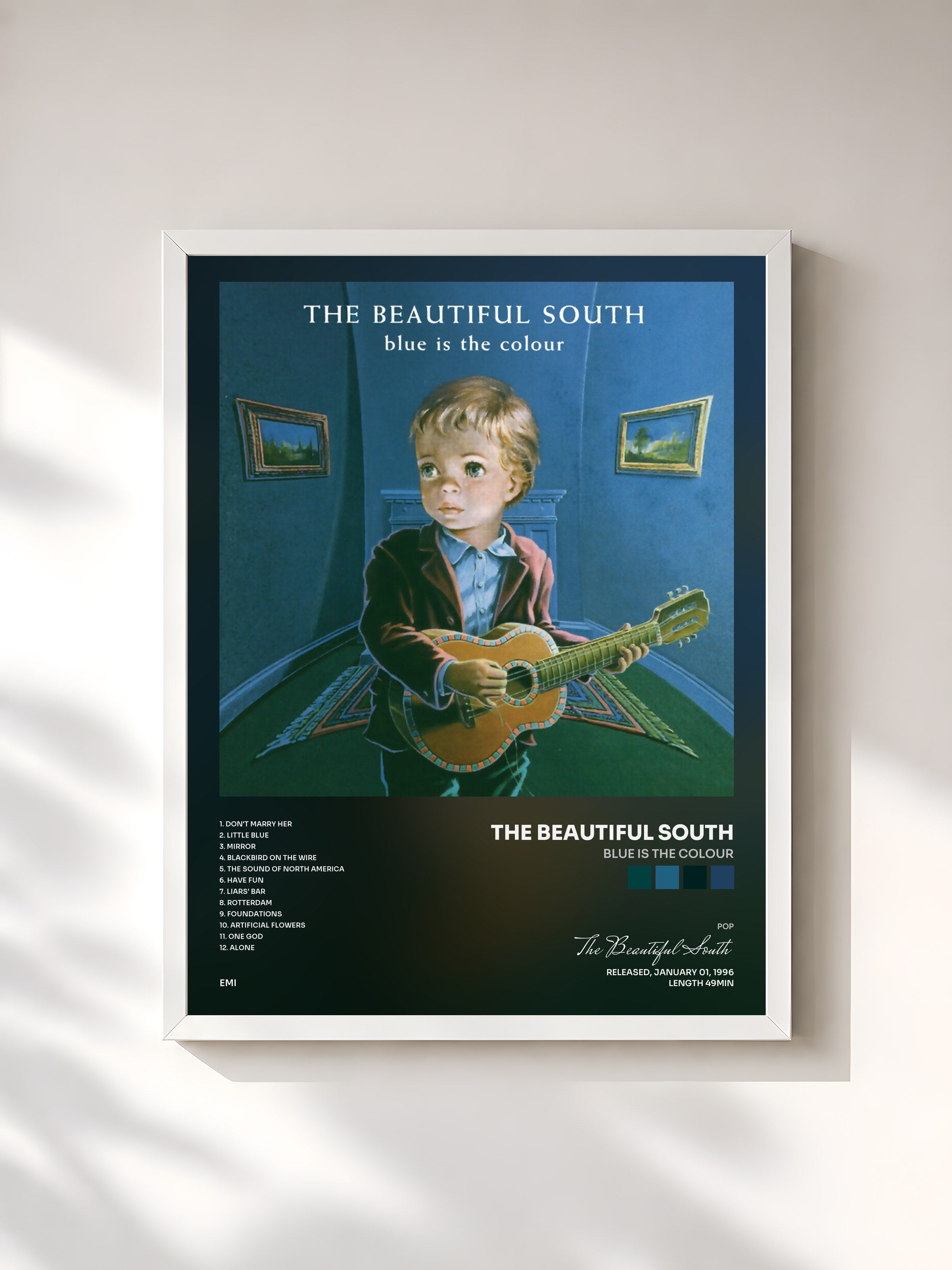 #blanc Tableau de l'album Blue Is The Colour de The Beautiful South, cadre blanc, imprimé et encadré en France