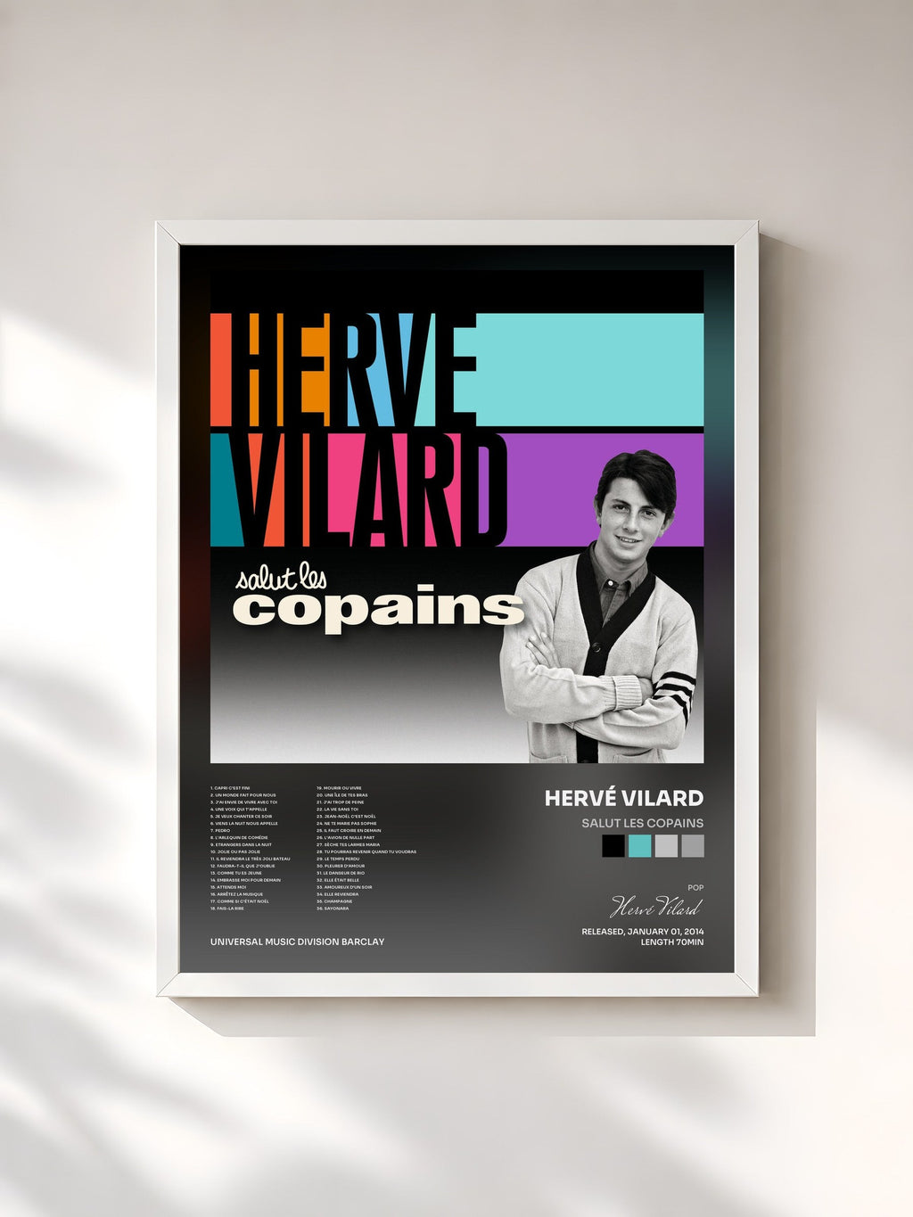 #blanc Salut Les Copains von Hervé Vilard als gerahmter Kunstdruck, weißer Rahmen, gedruckt und gerahmt in Frankreich