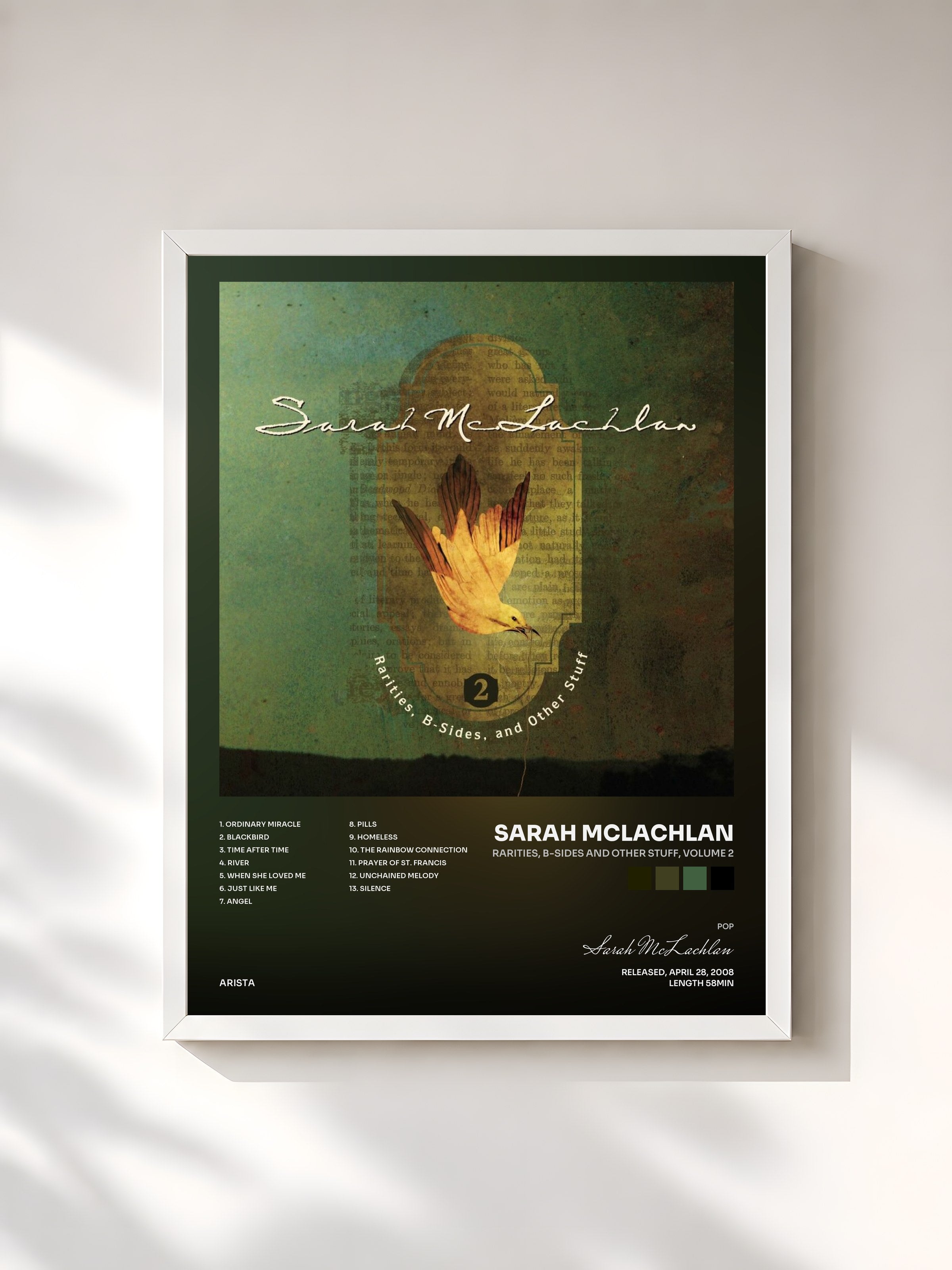 #blanc Tableau de l'album Rarities, B-Sides and Other Stuff, Volume 2 de Sarah McLachlan, cadre blanc, imprimé et encadré en France