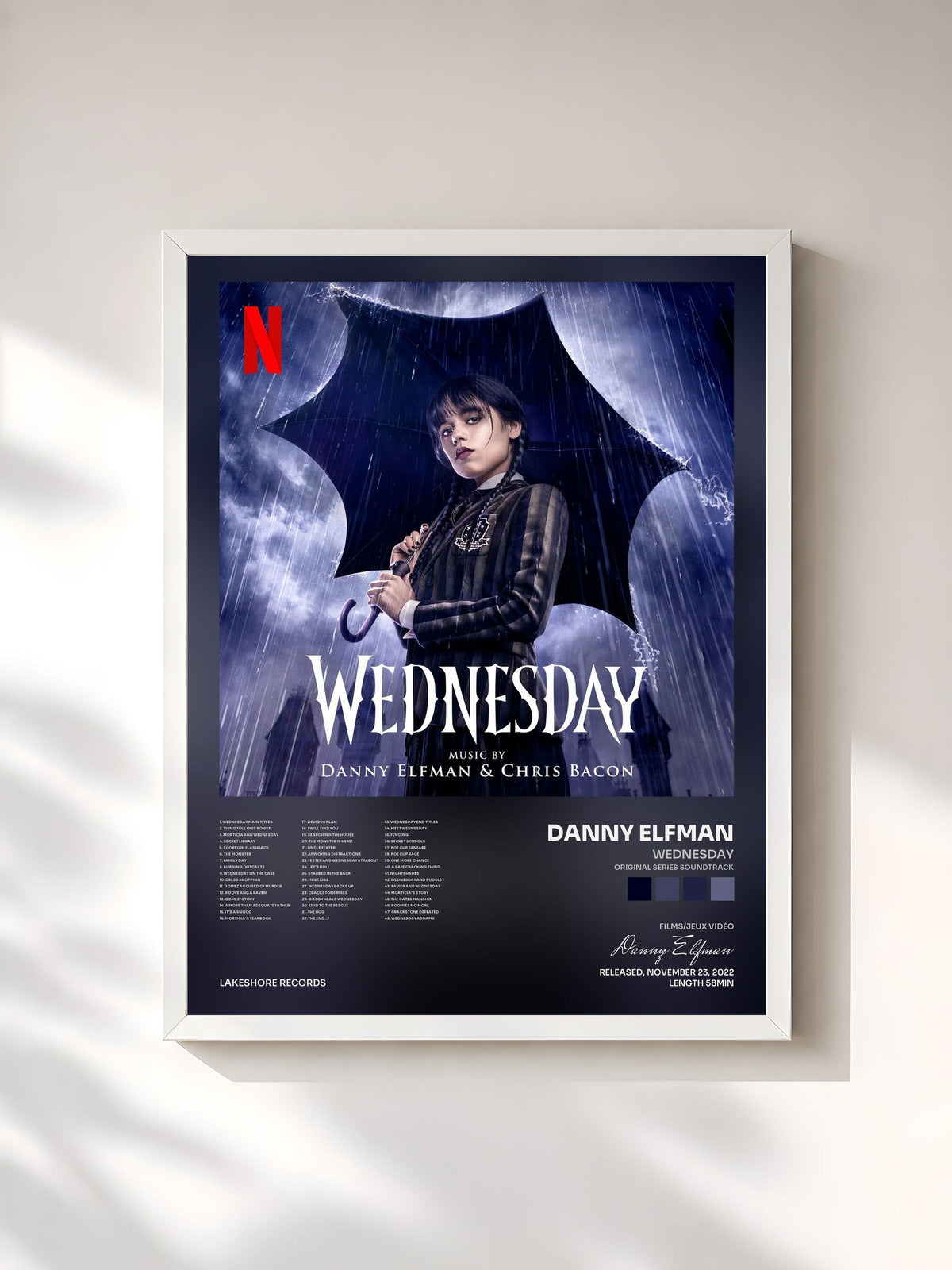 #blanc Tableau de l'album Wednesday (Original Series Soundtrack) de Danny Elfman, cadre blanc, imprimé et encadré en France