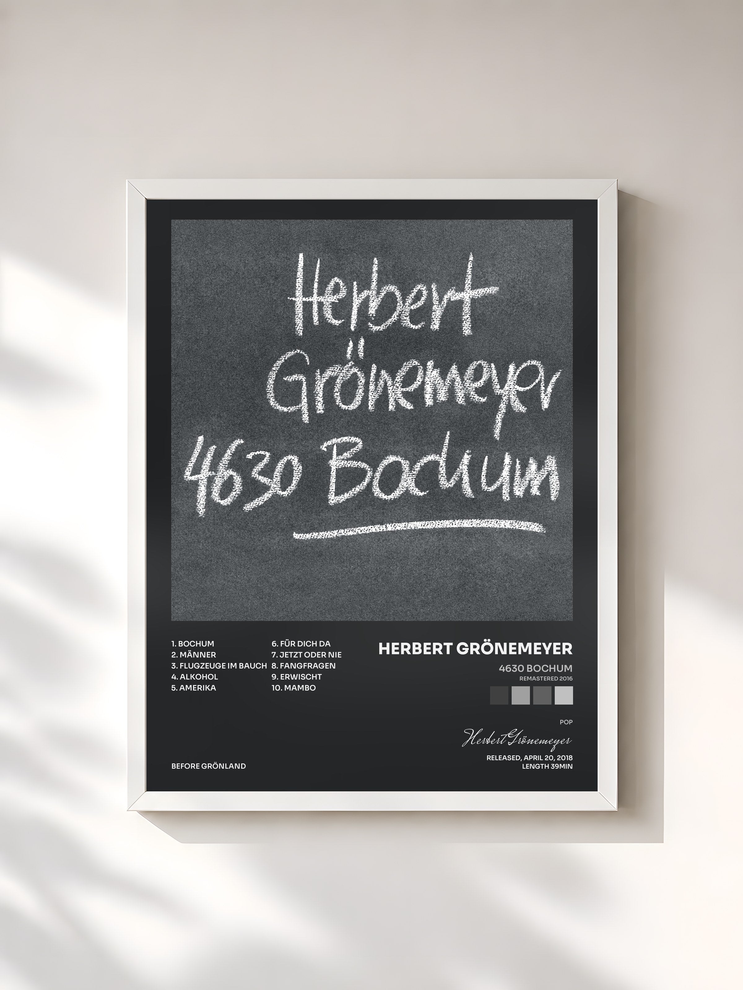 #blanc Tableau de l'album 4630 Bochum (Remastered 2016) de Herbert Grönemeyer, cadre blanc, imprimé et encadré en France