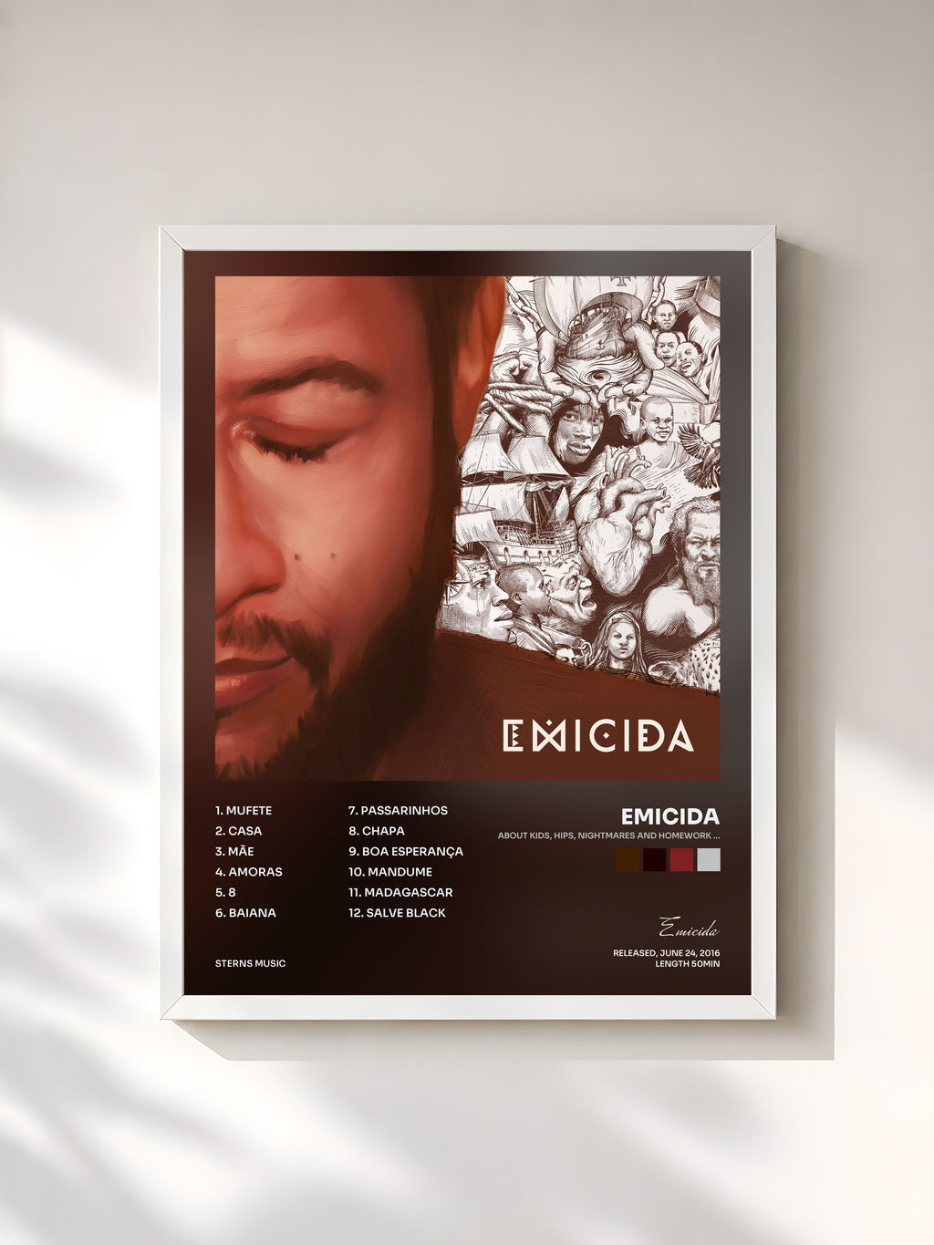 #blanc Tableau de l'album About Kids, Hips, Nightmares and Homework … de Emicida, cadre blanc, imprimé et encadré en France