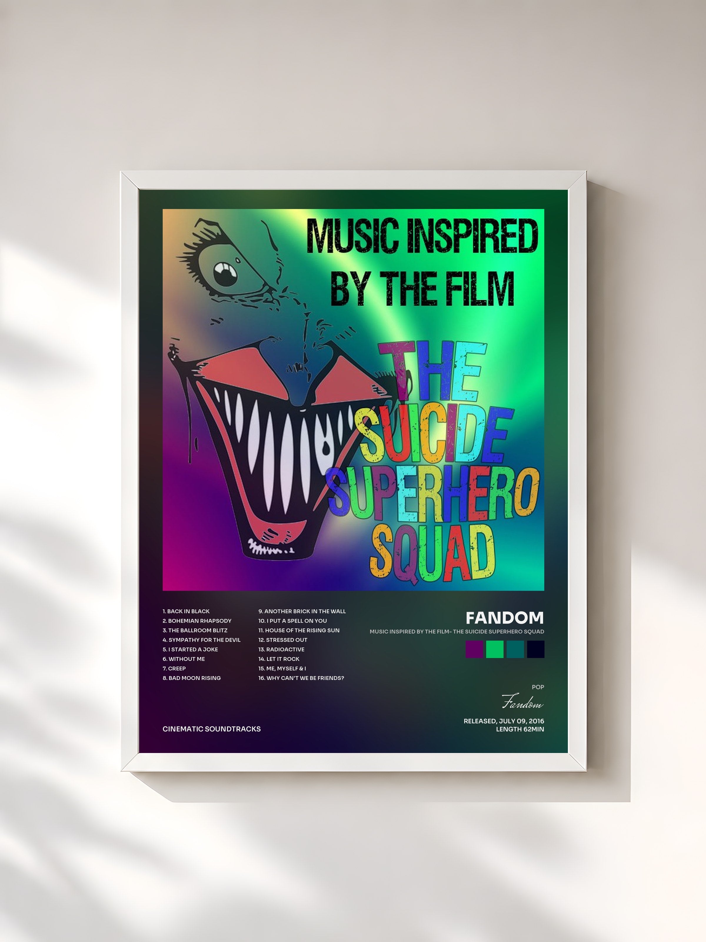 #blanc Tableau de l'album Music Inspired by the Film- The Suicide Superhero Squad de Fandom, cadre blanc, imprimé et encadré en France
