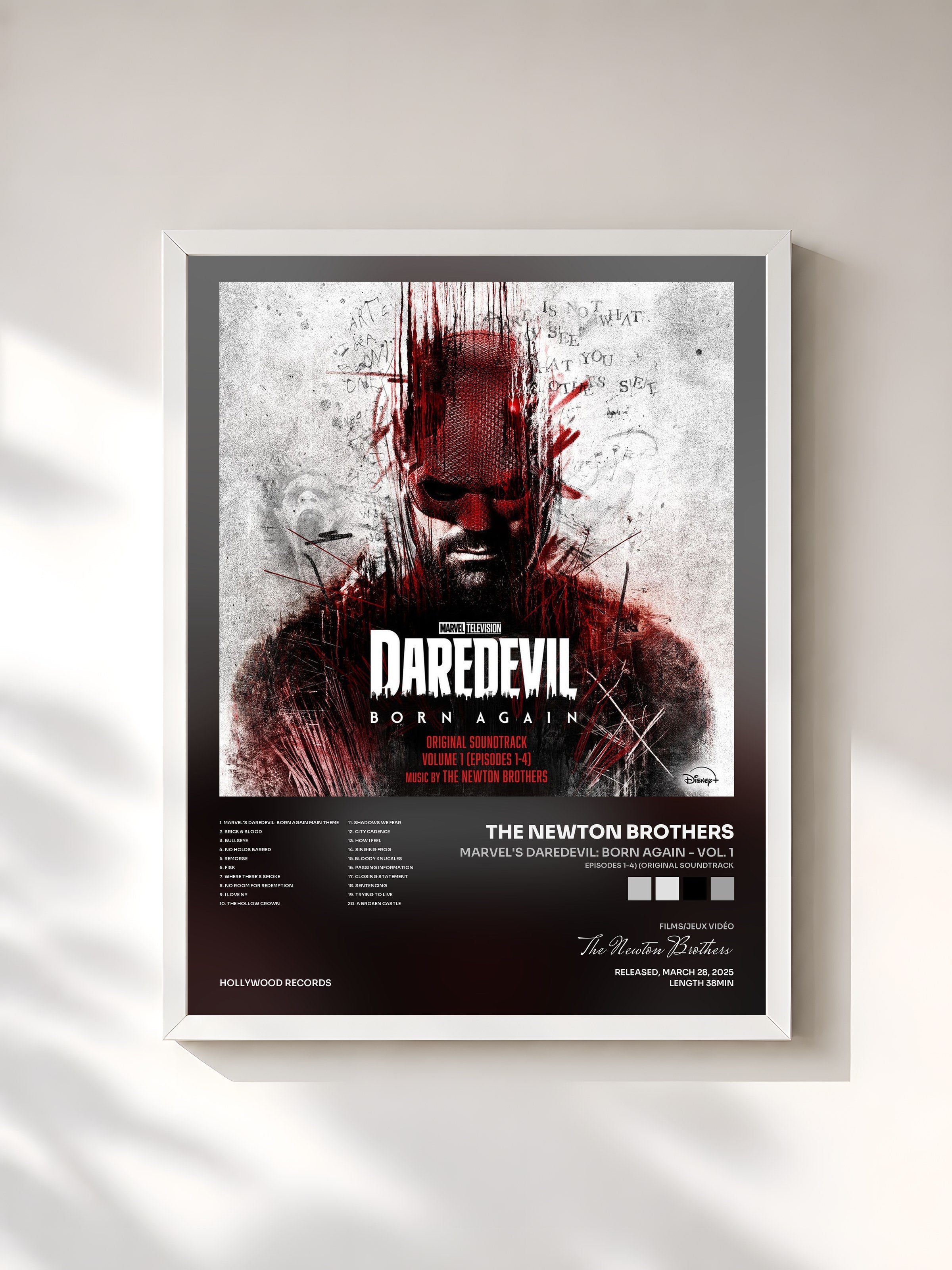 #blanc Tableau de l'album Marvel's Daredevil: Born Again - Vol. 1 (Episodes 1-4) (Original Soundtrack) de The Newton Brothers, cadre blanc, imprimé et encadré en France