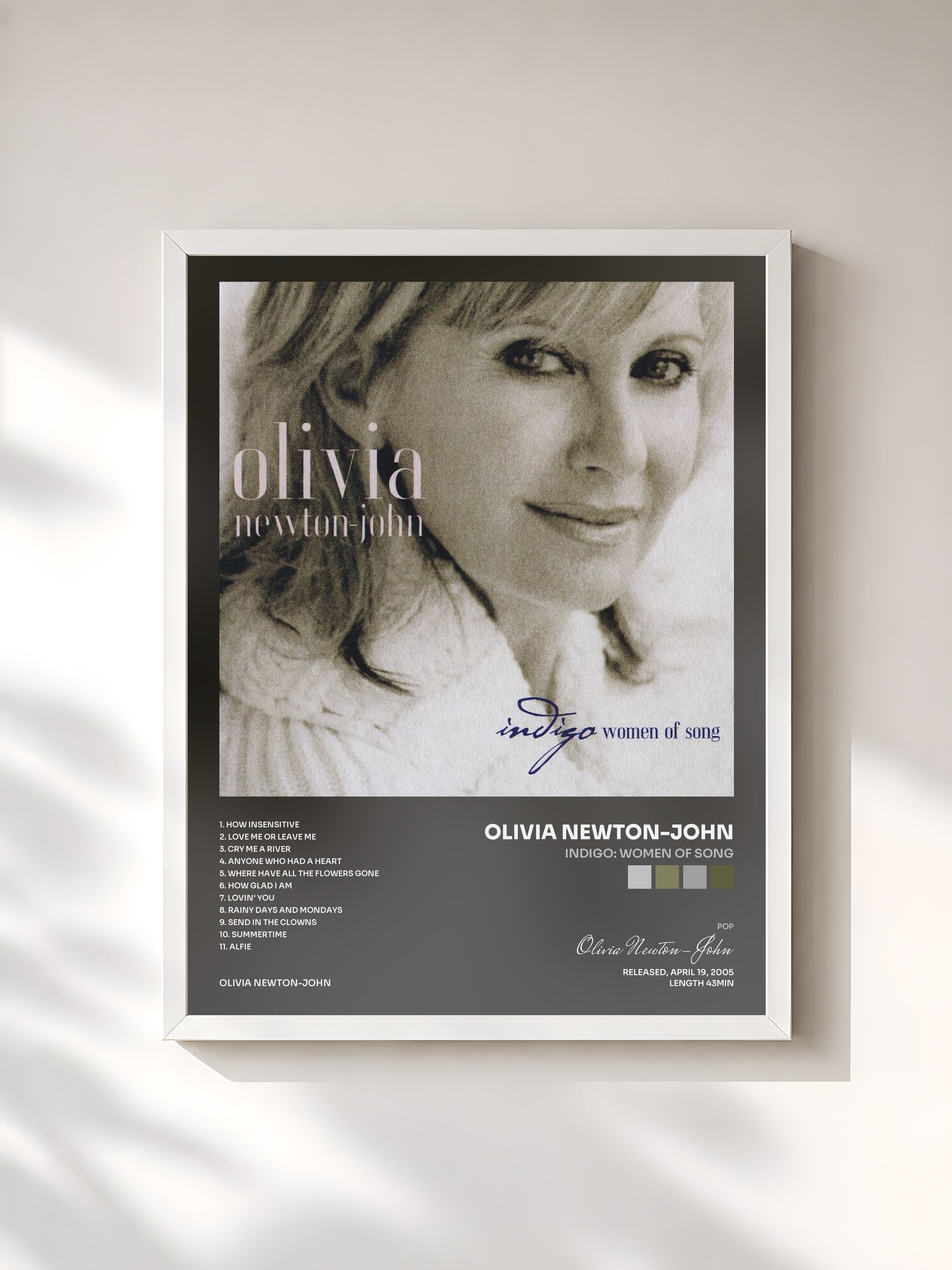 #blanc Tableau de l'album Indigo: Women Of Song de Olivia Newton-John, cadre blanc, imprimé et encadré en France