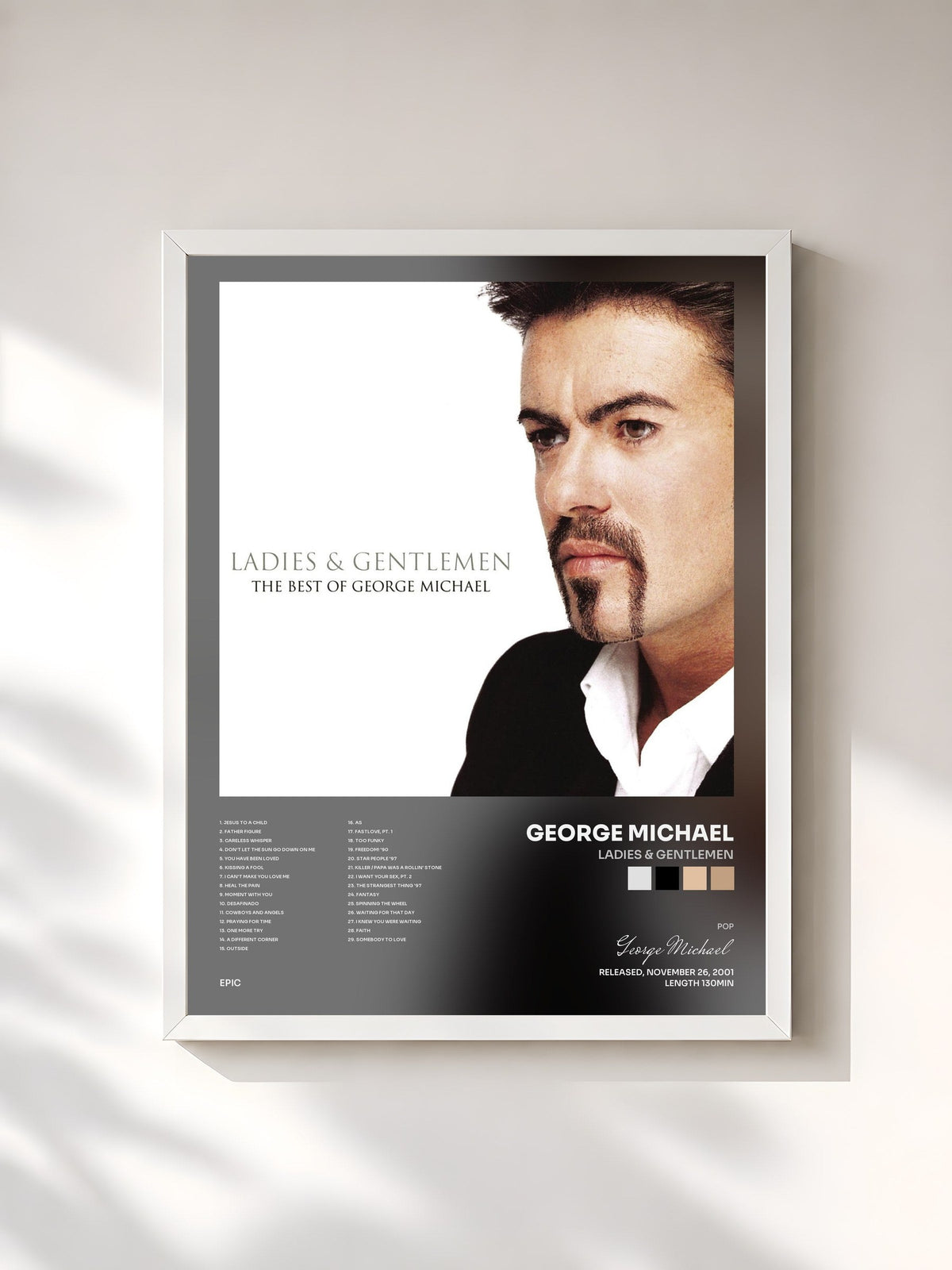 #blanc Tableau de l'album Ladies & Gentlemen de George Michael, cadre blanc, imprimé et encadré en France