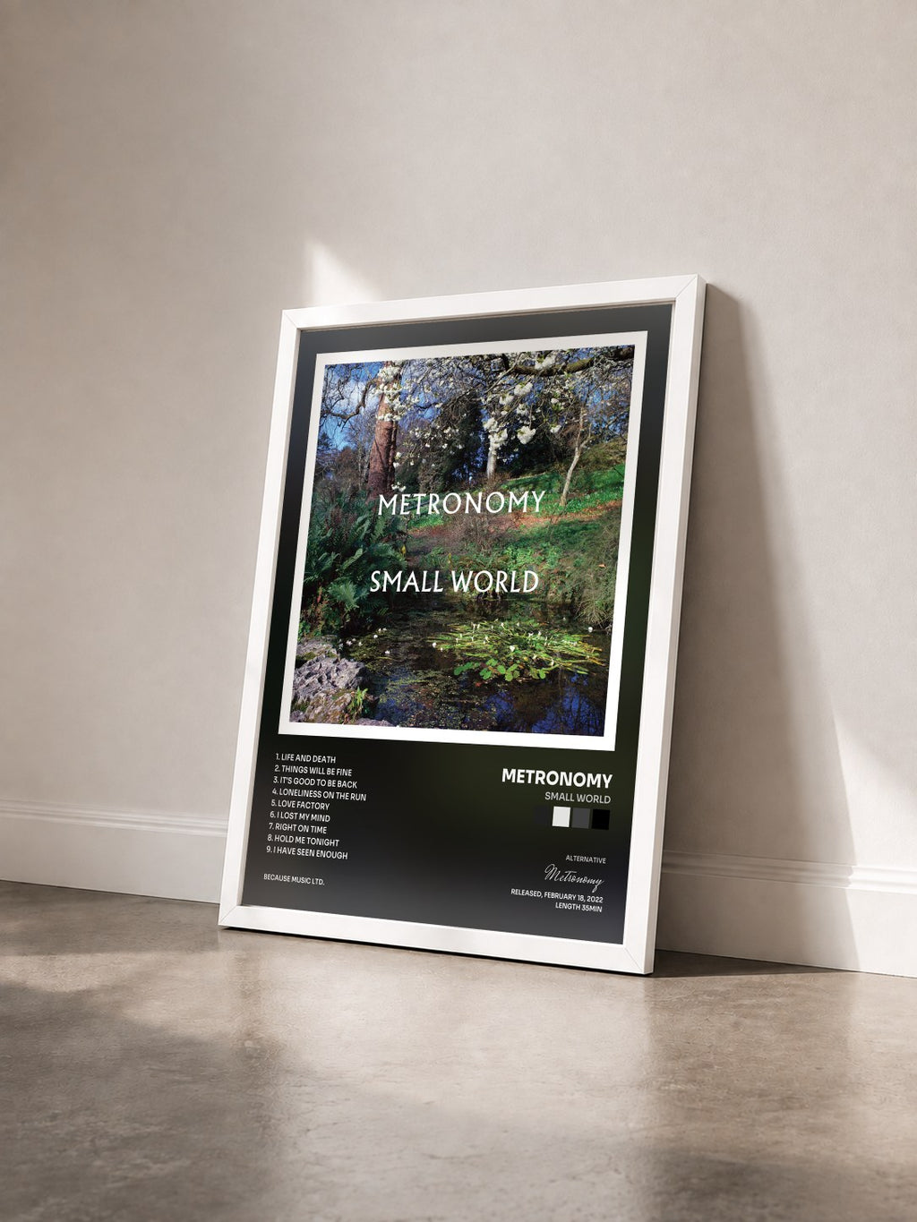 #blanc Tableau de l'album Small World de Metronomy vu de trois quarts, cadre blanc