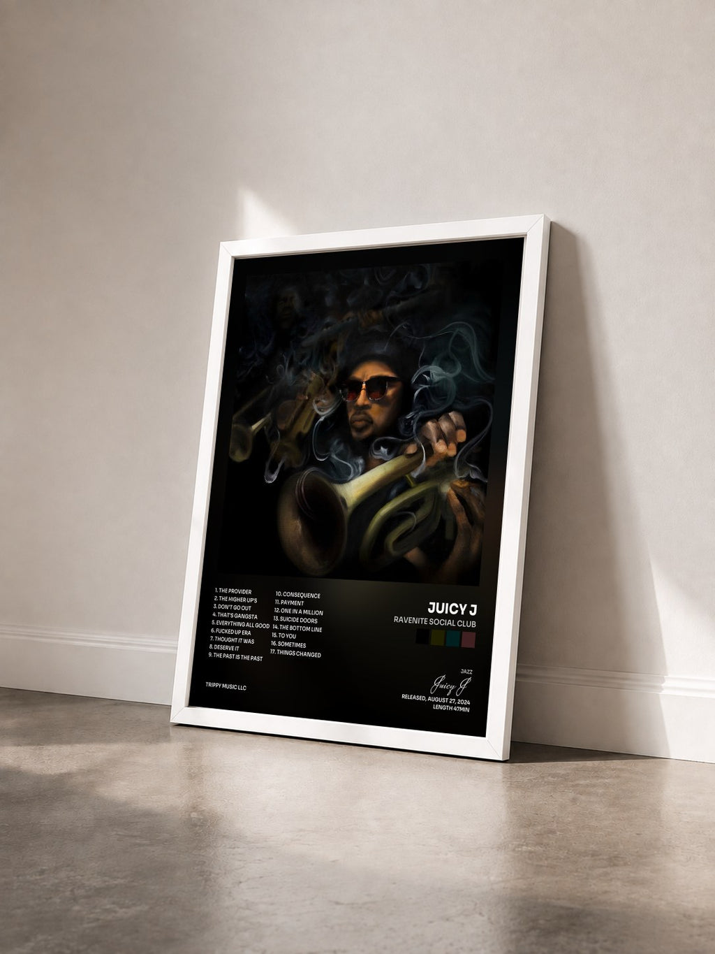 #blanc Tableau de l'album Ravenite Social Club de Juicy J vu de trois quarts, cadre blanc