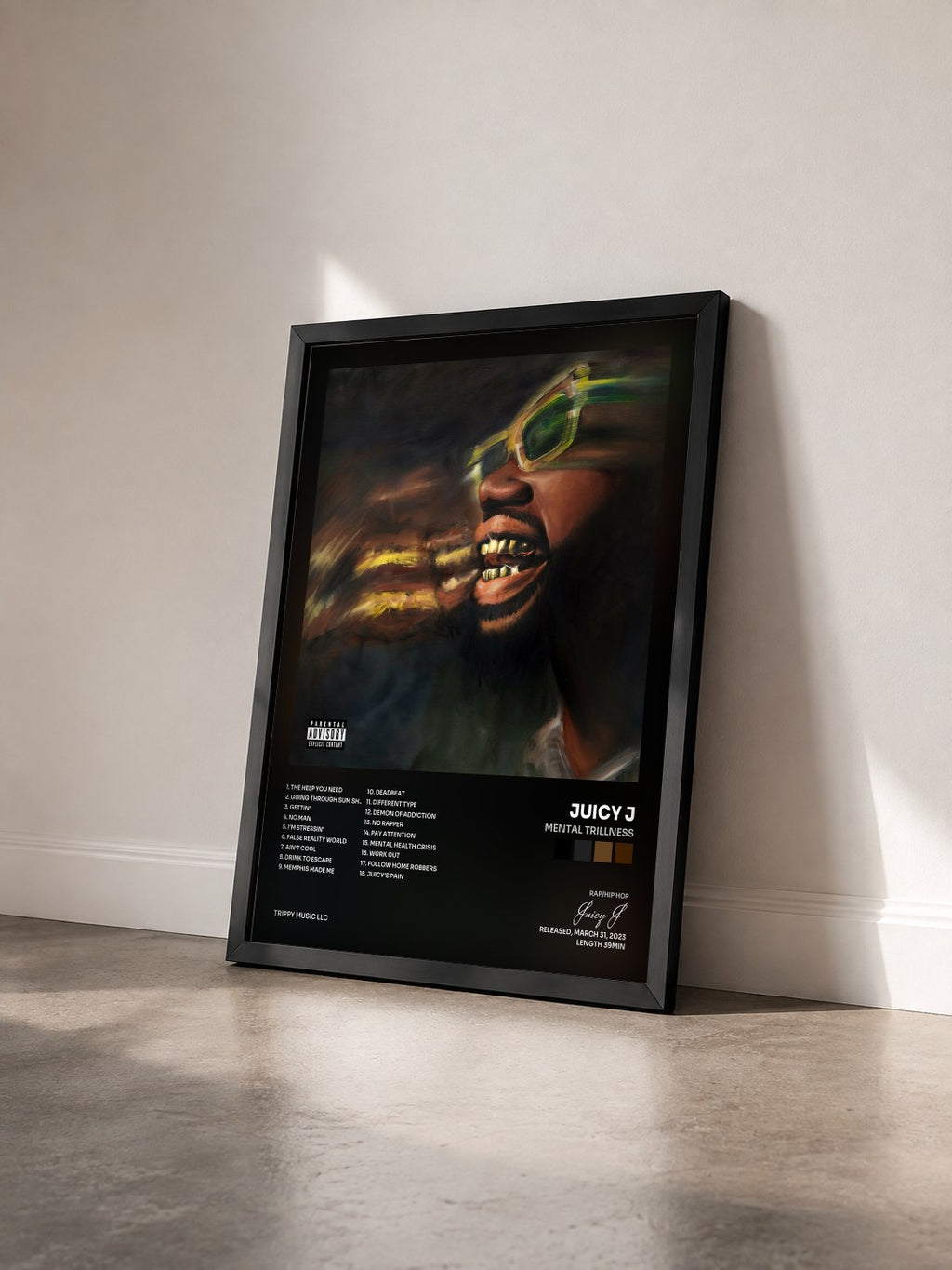 #noir Tableau de l'album Mental Trillness de Juicy J vu de trois quarts, cadre noir
