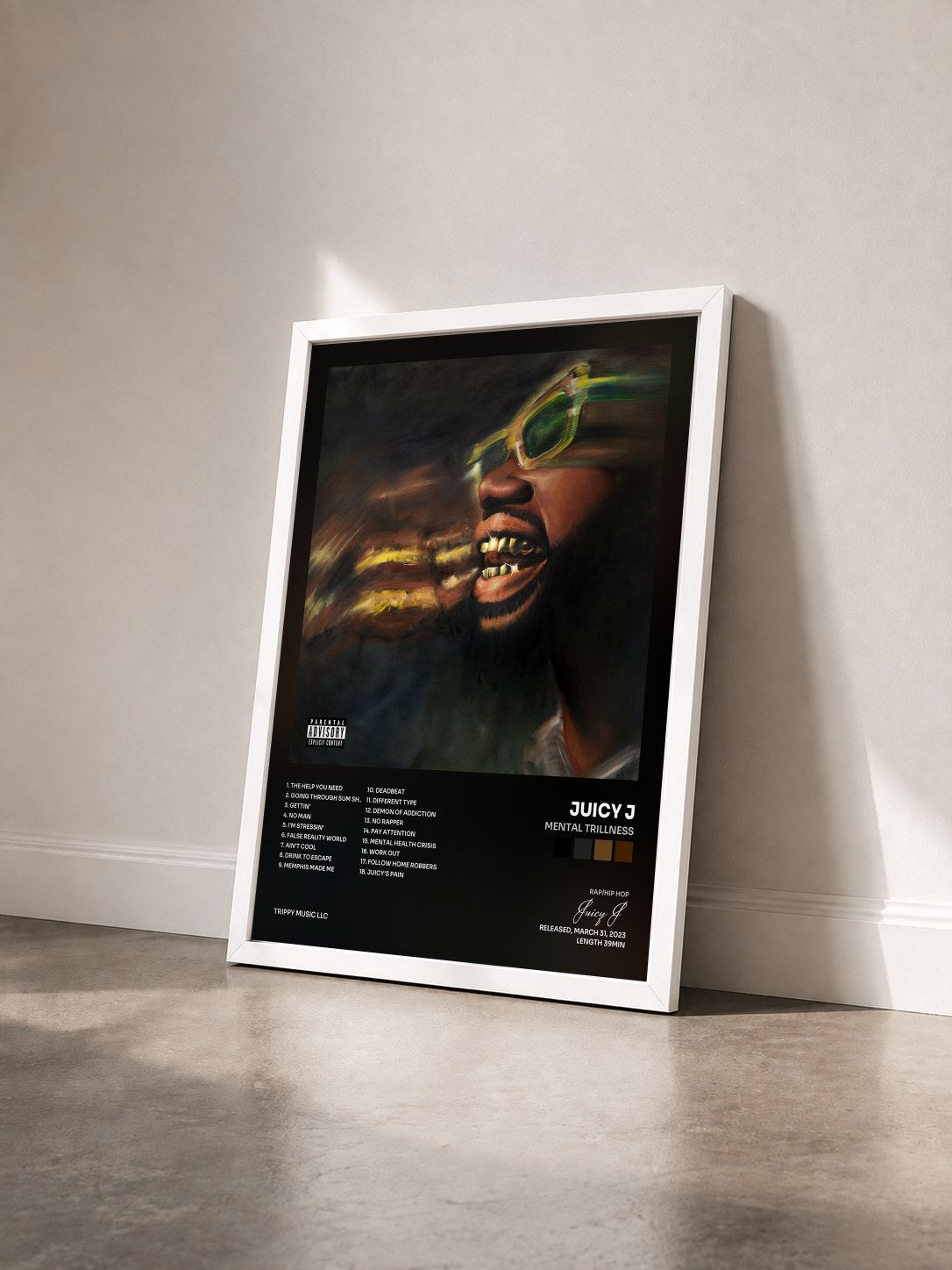 #blanc Tableau de l'album Mental Trillness de Juicy J vu de trois quarts, cadre blanc
