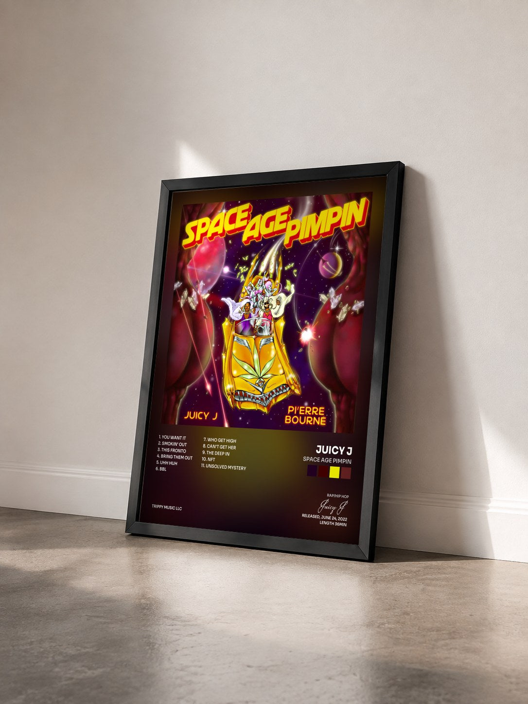 #noir Tableau de l'album Space Age Pimpin de Juicy J vu de trois quarts, cadre noir