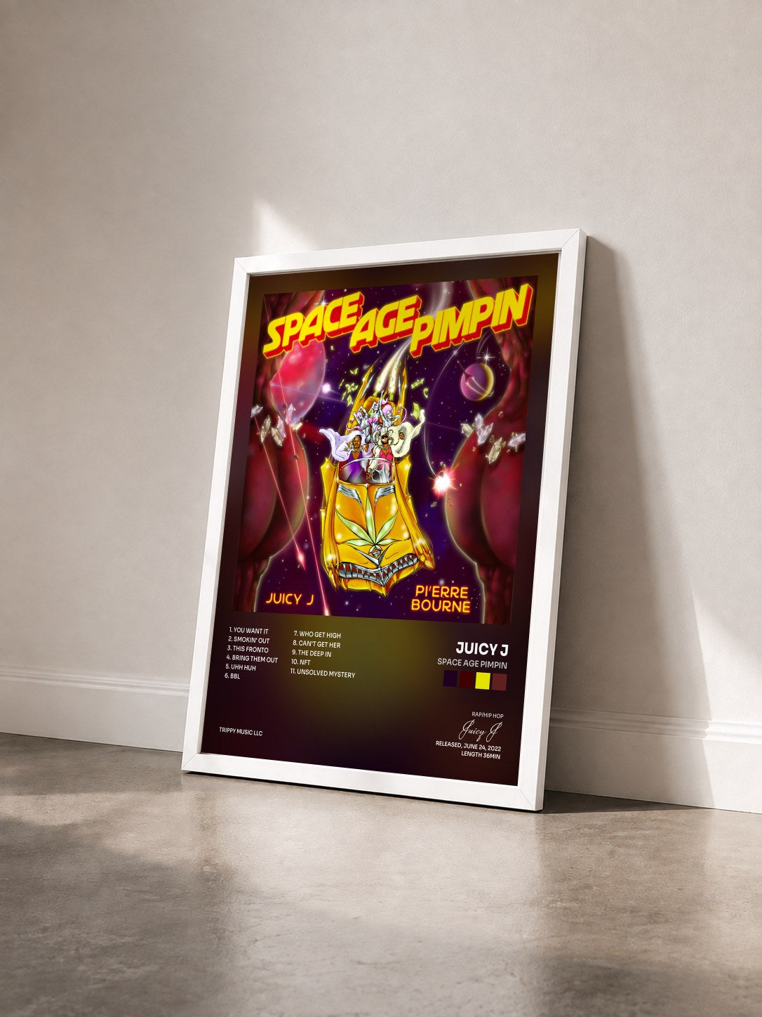 #blanc Tableau de l'album Space Age Pimpin de Juicy J vu de trois quarts, cadre blanc