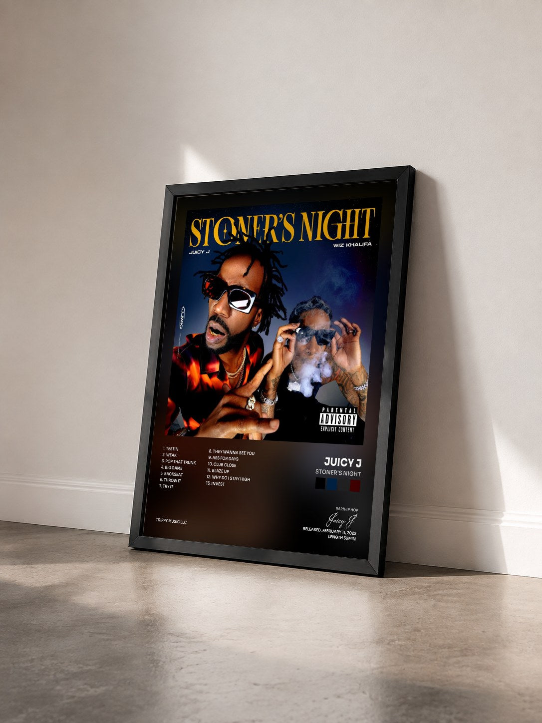 #noir Tableau de l'album Stoner's Night de Juicy J vu de trois quarts, cadre noir