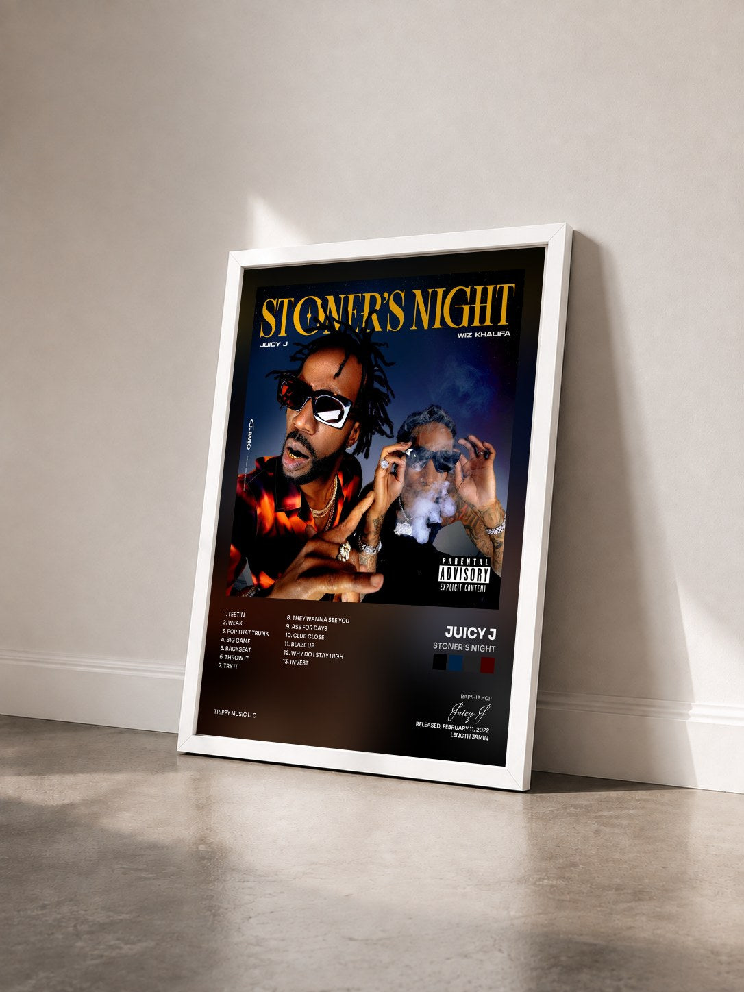 #blanc Tableau de l'album Stoner's Night de Juicy J vu de trois quarts, cadre blanc