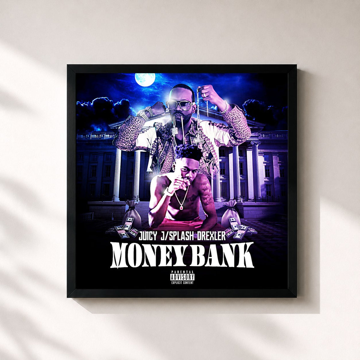 #noir Tableau carré de l'album Money Bank de Juicy J, cadre noir 32x32 cm