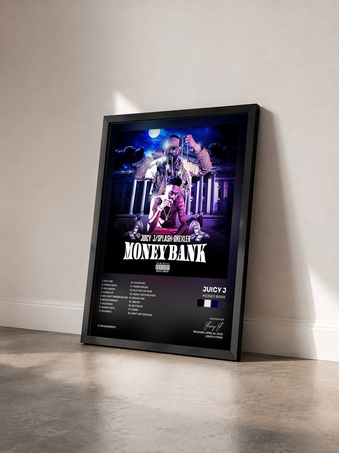 #noir Tableau de l'album Money Bank de Juicy J vu de trois quarts, cadre noir