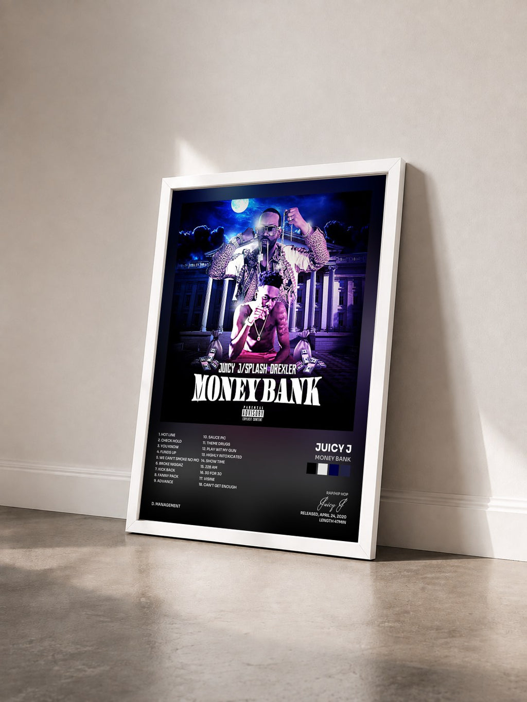 #blanc Tableau de l'album Money Bank de Juicy J vu de trois quarts, cadre blanc