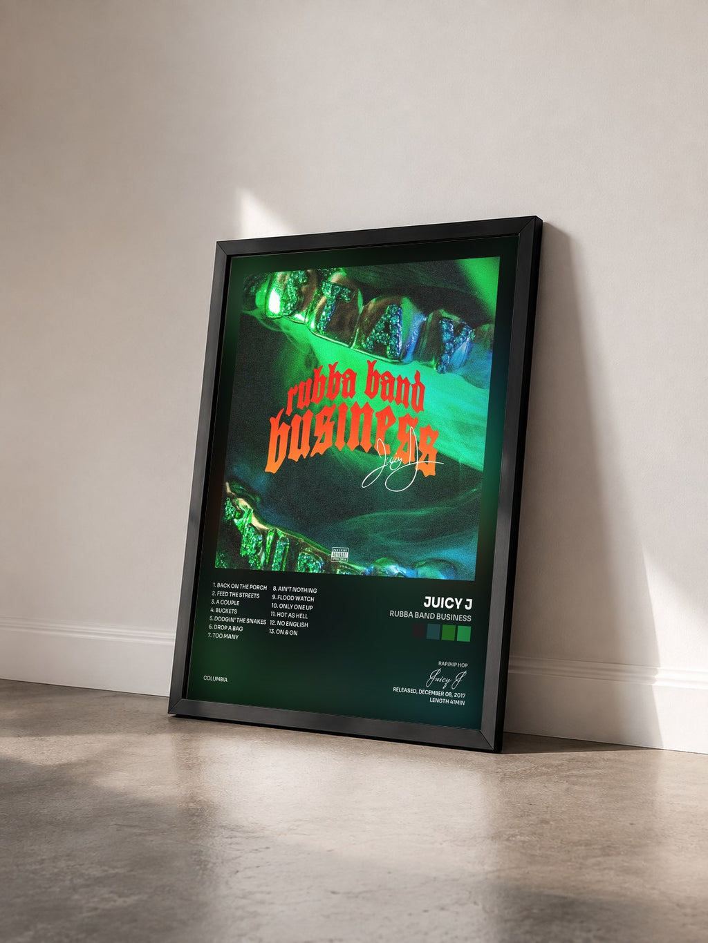 #noir Rubba Band Business by Juicy J as a framed art print seen at an angle, black frame