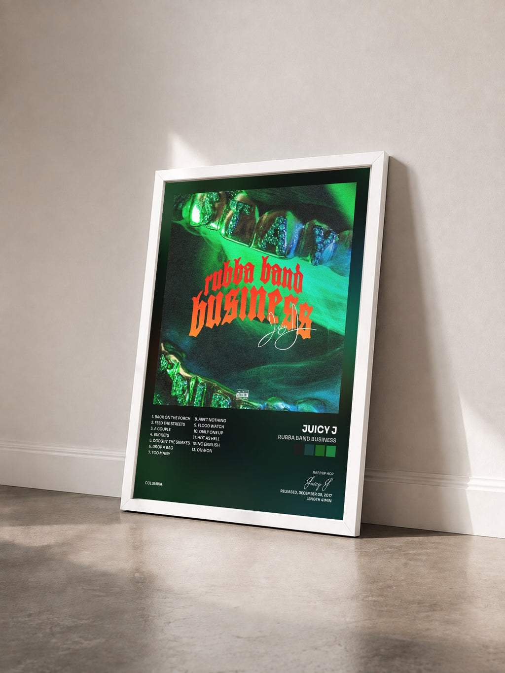#blanc Rubba Band Business by Juicy J as a framed art print seen at an angle, white frame