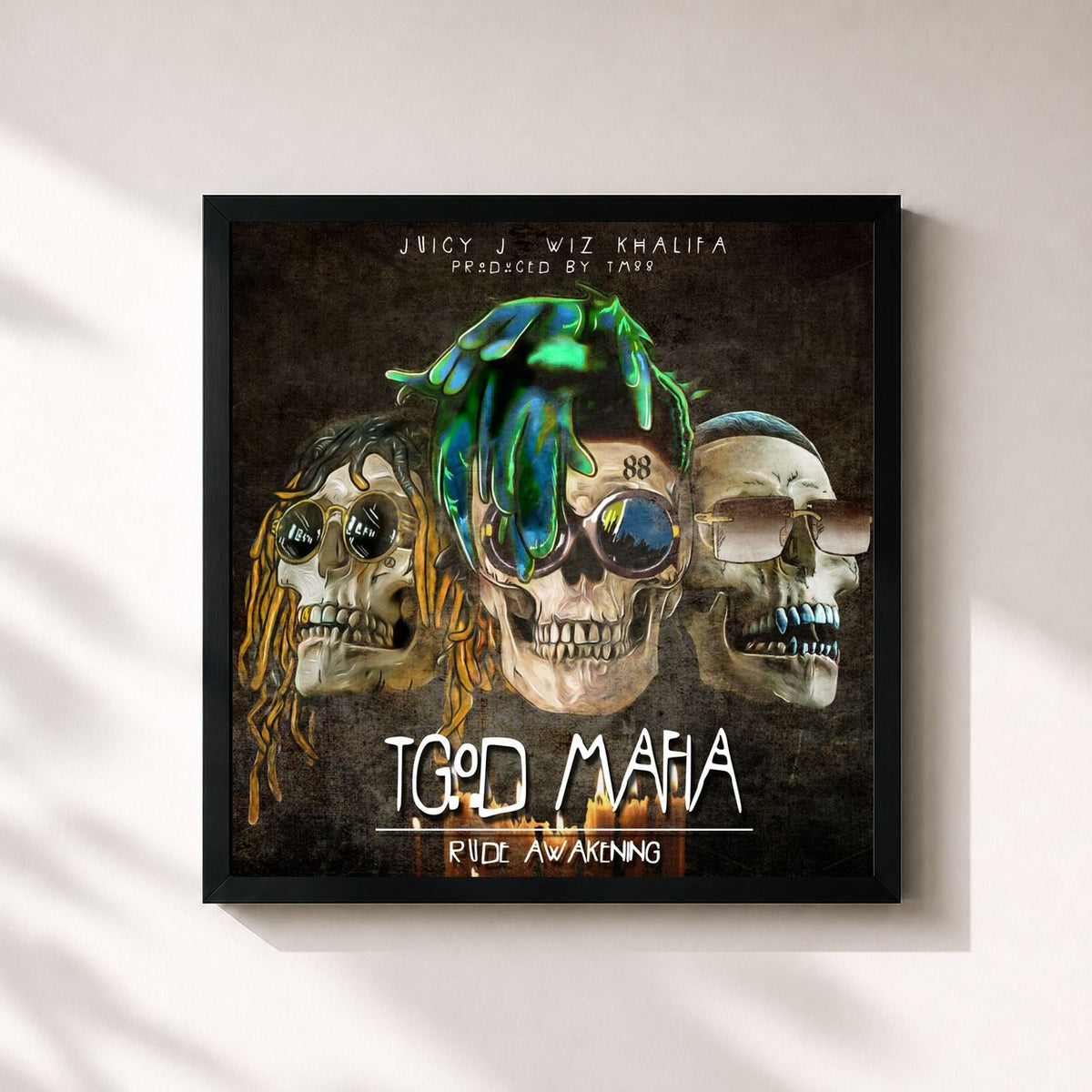 #noir Tableau carré de l'album TGOD Mafia: Rude Awakening de Juicy J, cadre noir 32x32 cm
