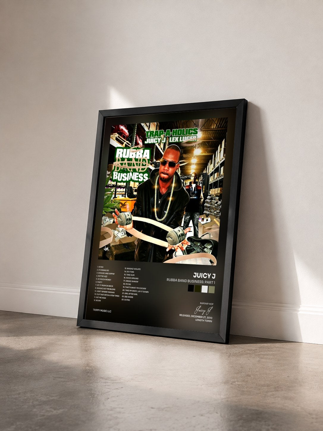 #noir Tableau de l'album Rubba Band Business: Part 1 de Juicy J vu de trois quarts, cadre noir