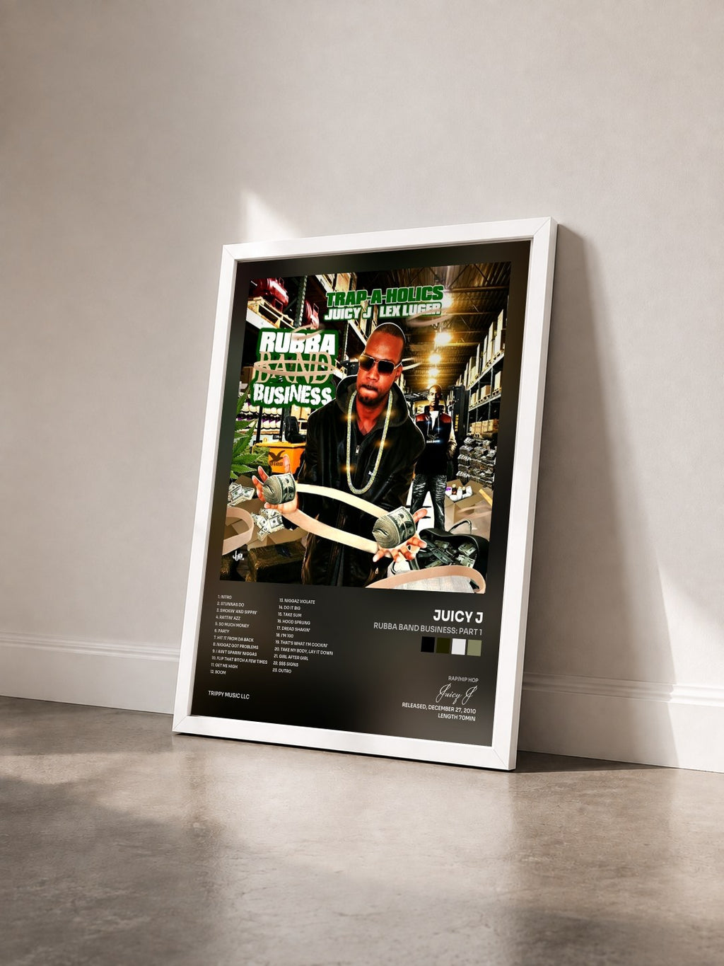 #blanc Rubba Band Business: Part 1 di Juicy J in stampa incorniciata vista di tre quarti, cornice bianca