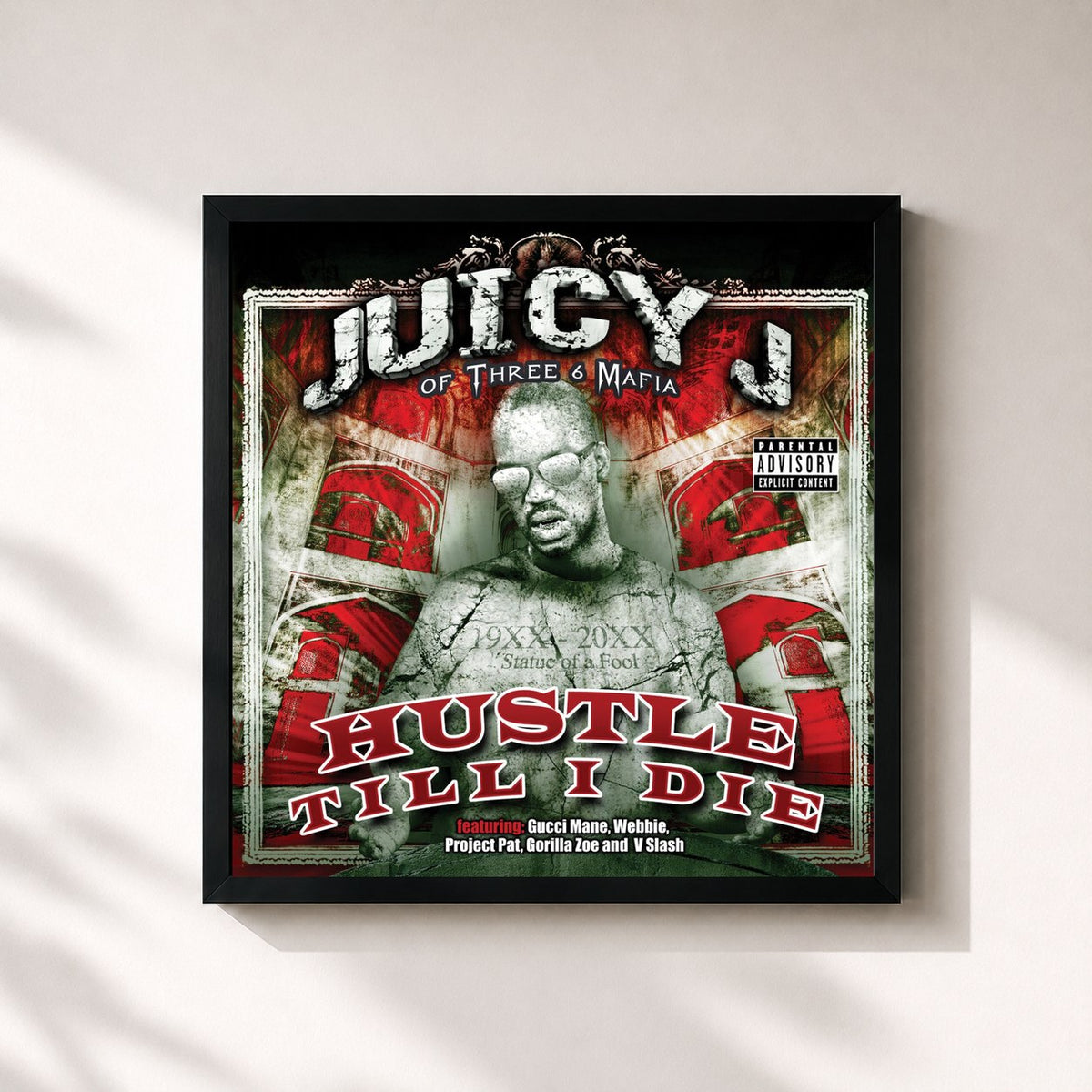 #noir Tableau carré de l'album Hustle Till I Die de Juicy J, cadre noir 32x32 cm