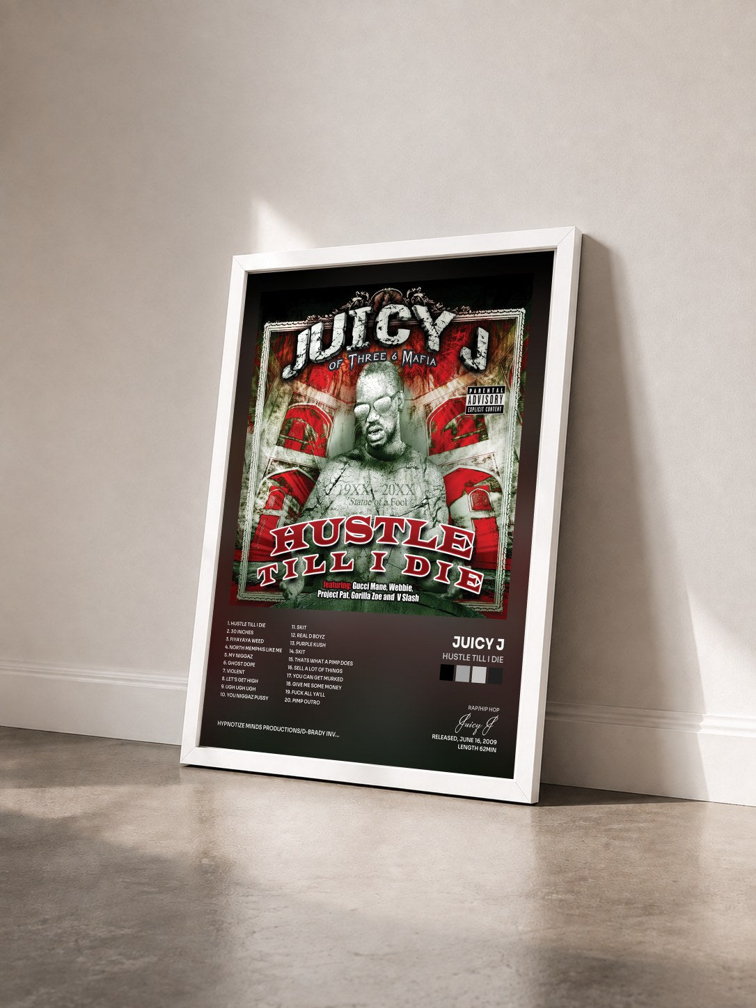 #blanc Tableau de l'album Hustle Till I Die de Juicy J vu de trois quarts, cadre blanc