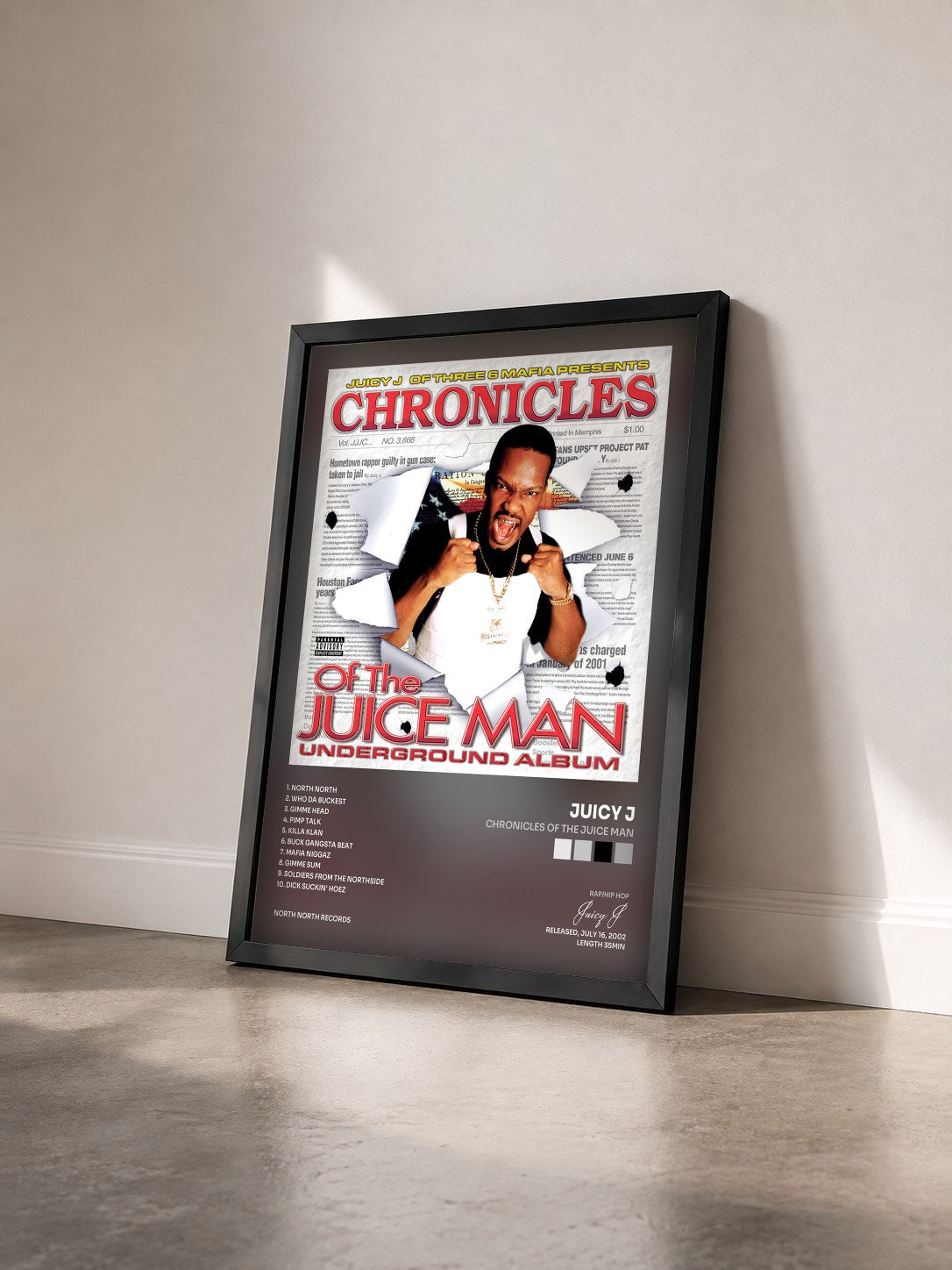 #noir Tableau de l'album Chronicles of the Juice Man de Juicy J vu de trois quarts, cadre noir