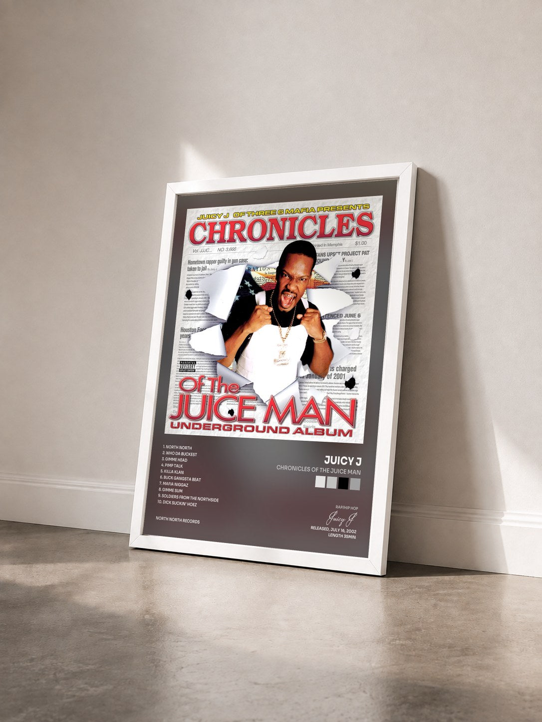 #blanc Tableau de l'album Chronicles of the Juice Man de Juicy J vu de trois quarts, cadre blanc