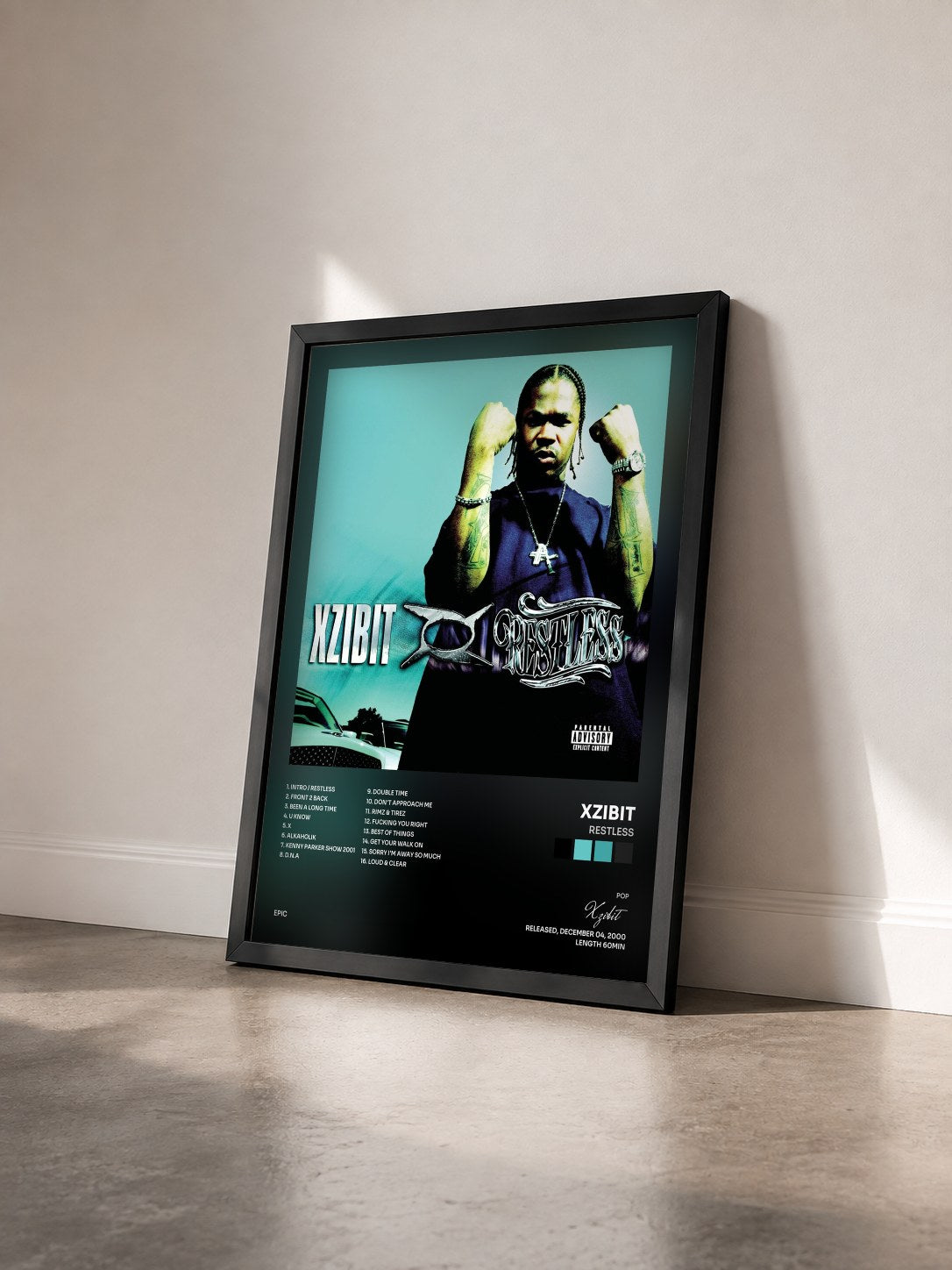 #noir Restless de Xzibit en lámina enmarcada vista de tres cuartos, marco negro