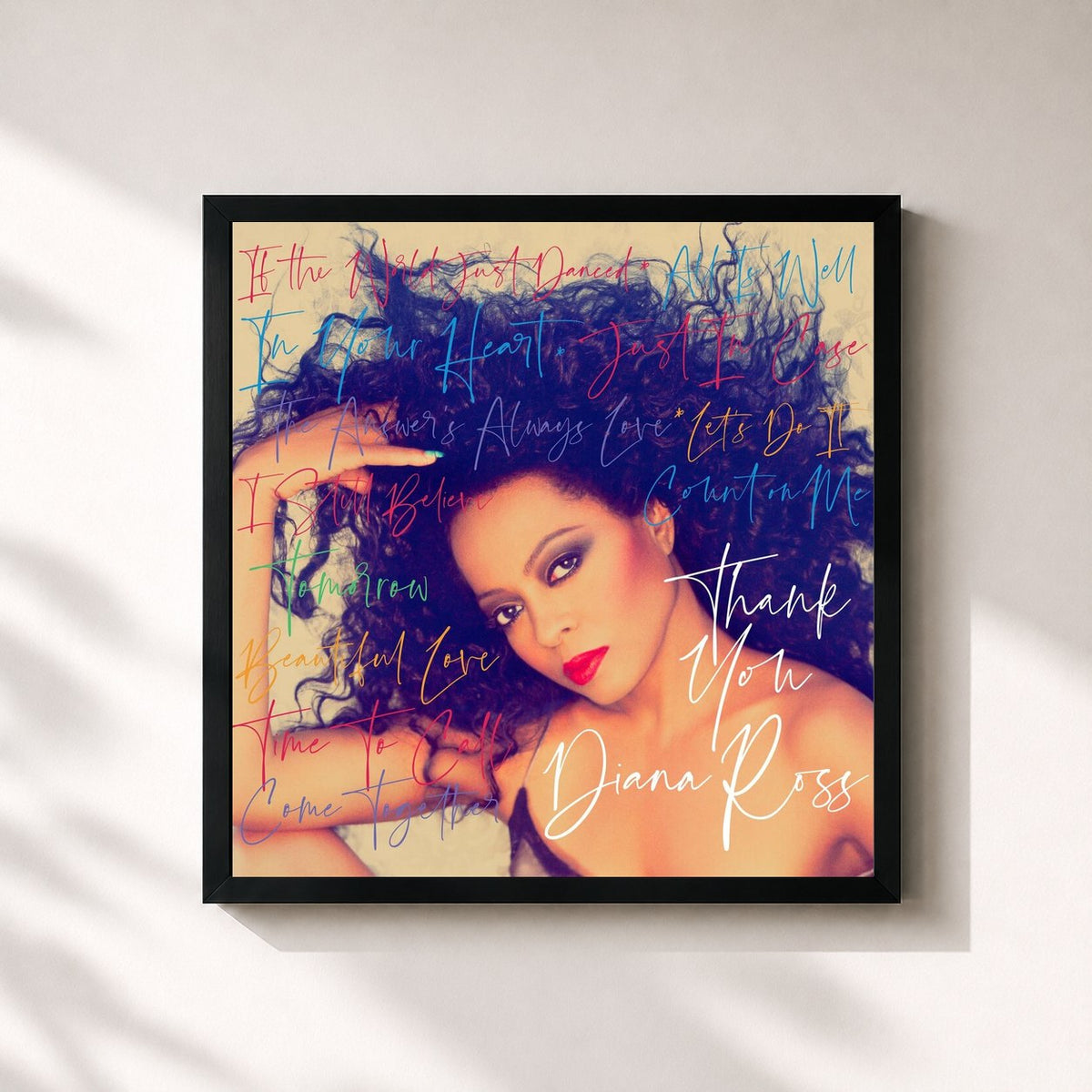 #noir Tableau carré de l'album Thank You de Diana Ross, cadre noir 32x32 cm