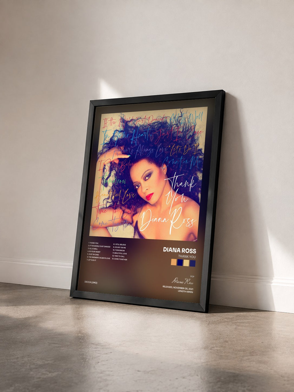 #noir Thank You by Diana Ross as a framed art print seen at an angle, black frame