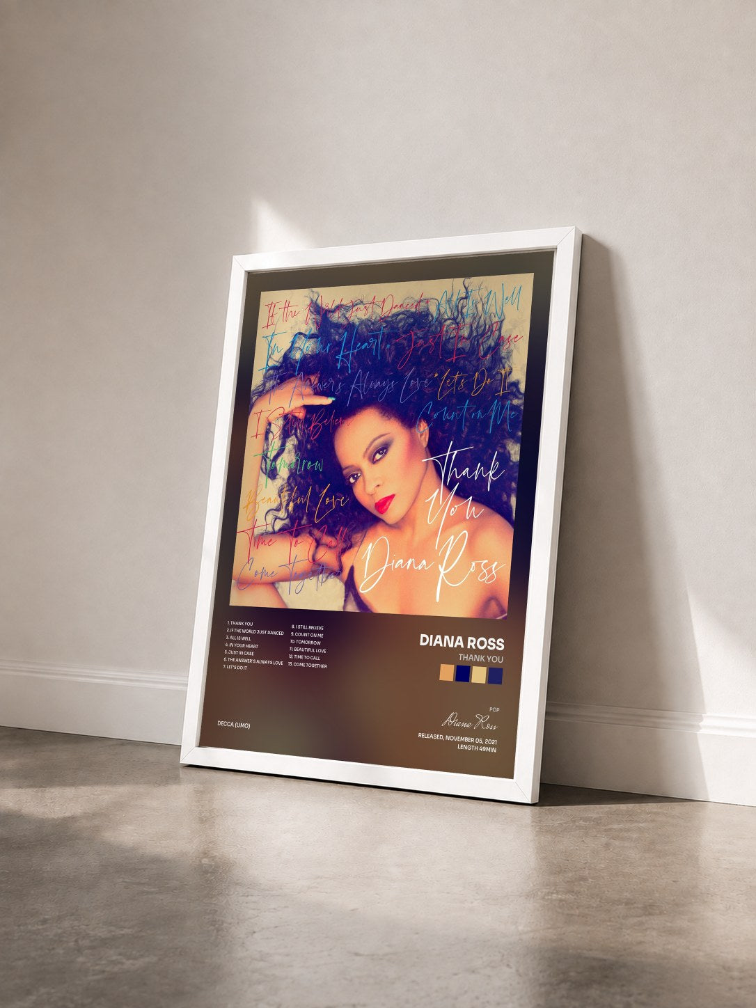 #blanc Tableau de l'album Thank You de Diana Ross vu de trois quarts, cadre blanc