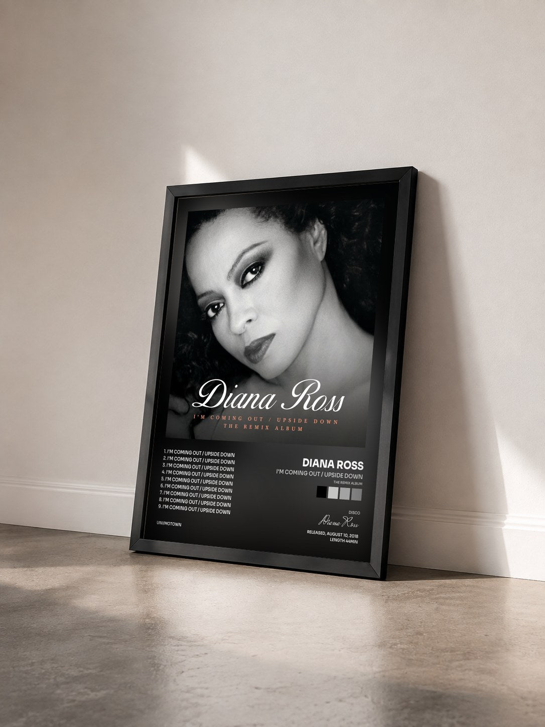 #noir Tableau de l'album I'm Coming Out / Upside Down (The Remix Album) de Diana Ross vu de trois quarts, cadre noir