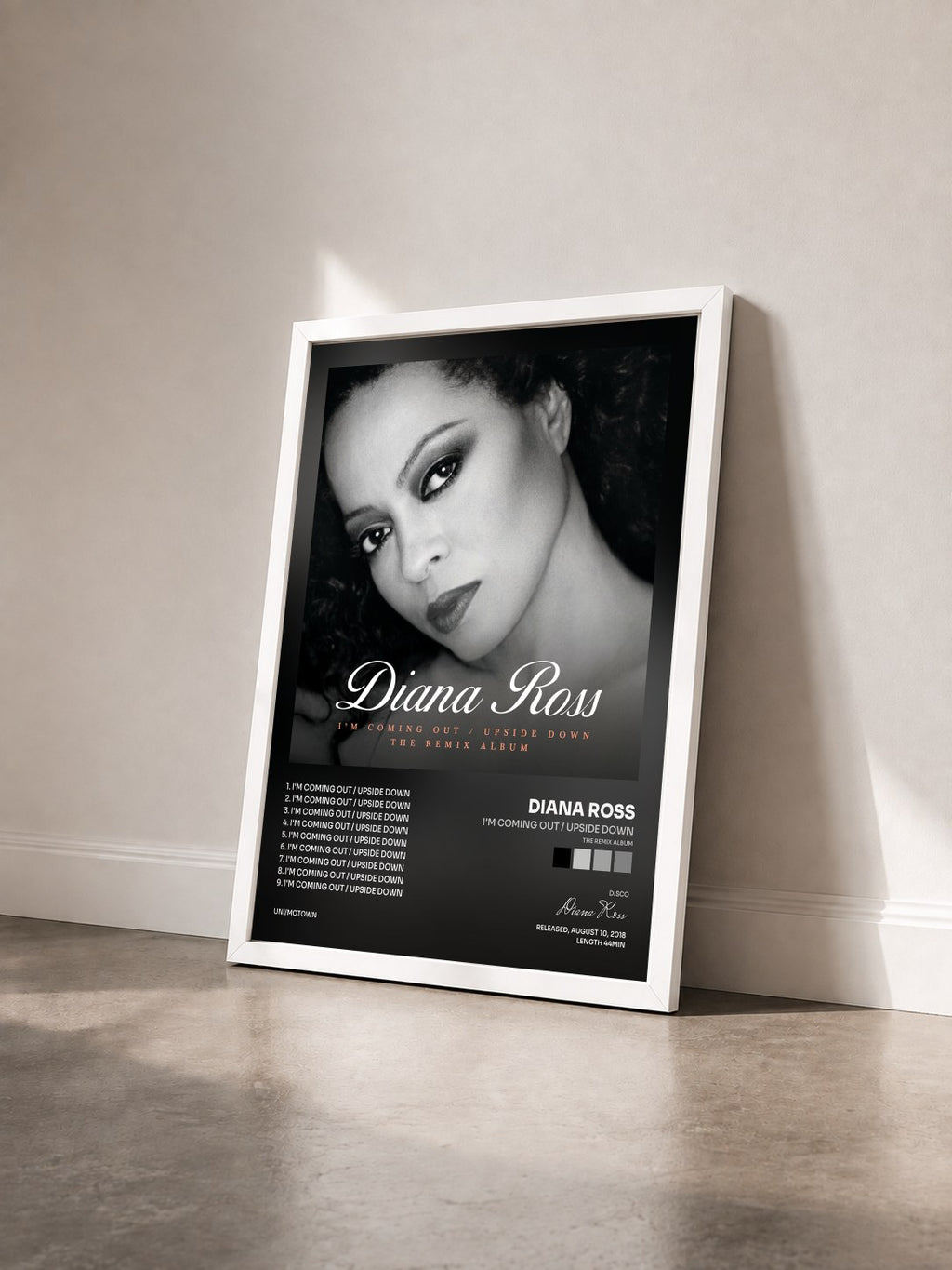 #blanc Tableau de l'album I'm Coming Out / Upside Down (The Remix Album) de Diana Ross vu de trois quarts, cadre blanc
