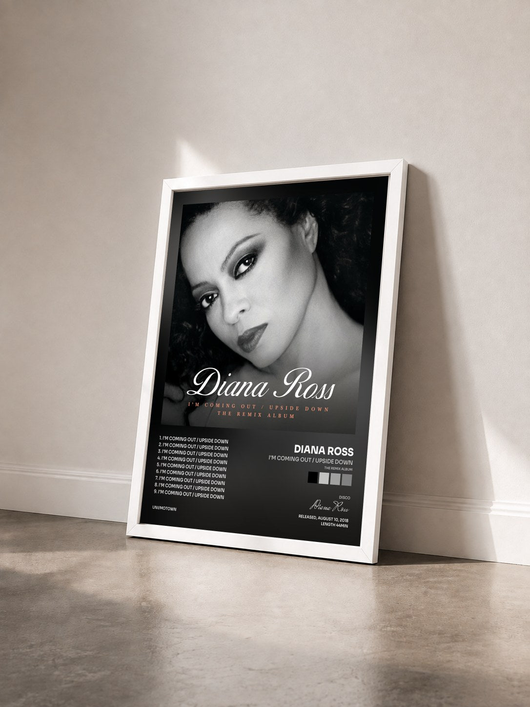 #blanc Tableau de l'album I'm Coming Out / Upside Down (The Remix Album) de Diana Ross vu de trois quarts, cadre blanc