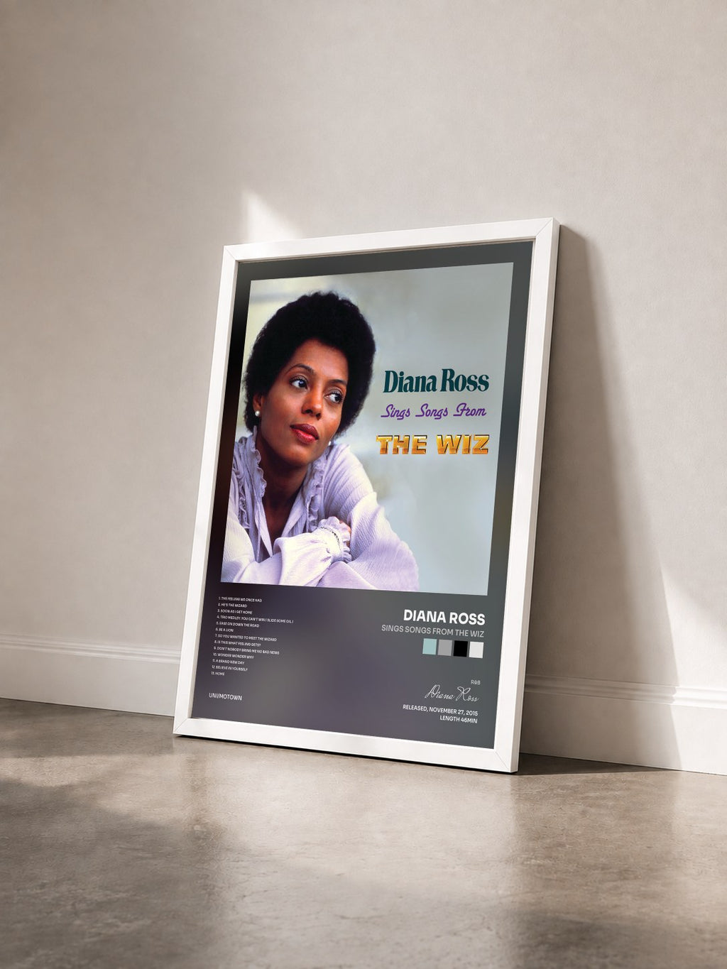 #blanc Tableau de l'album Sings Songs From The Wiz de Diana Ross vu de trois quarts, cadre blanc