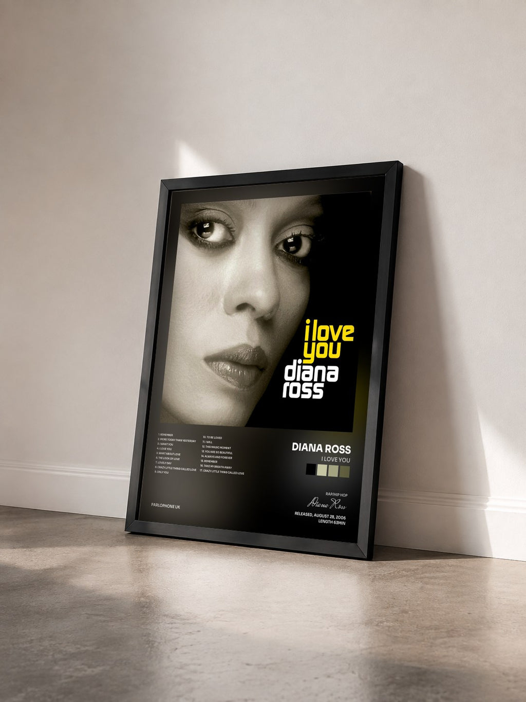 #noir Tableau de l'album I Love You de Diana Ross vu de trois quarts, cadre noir
