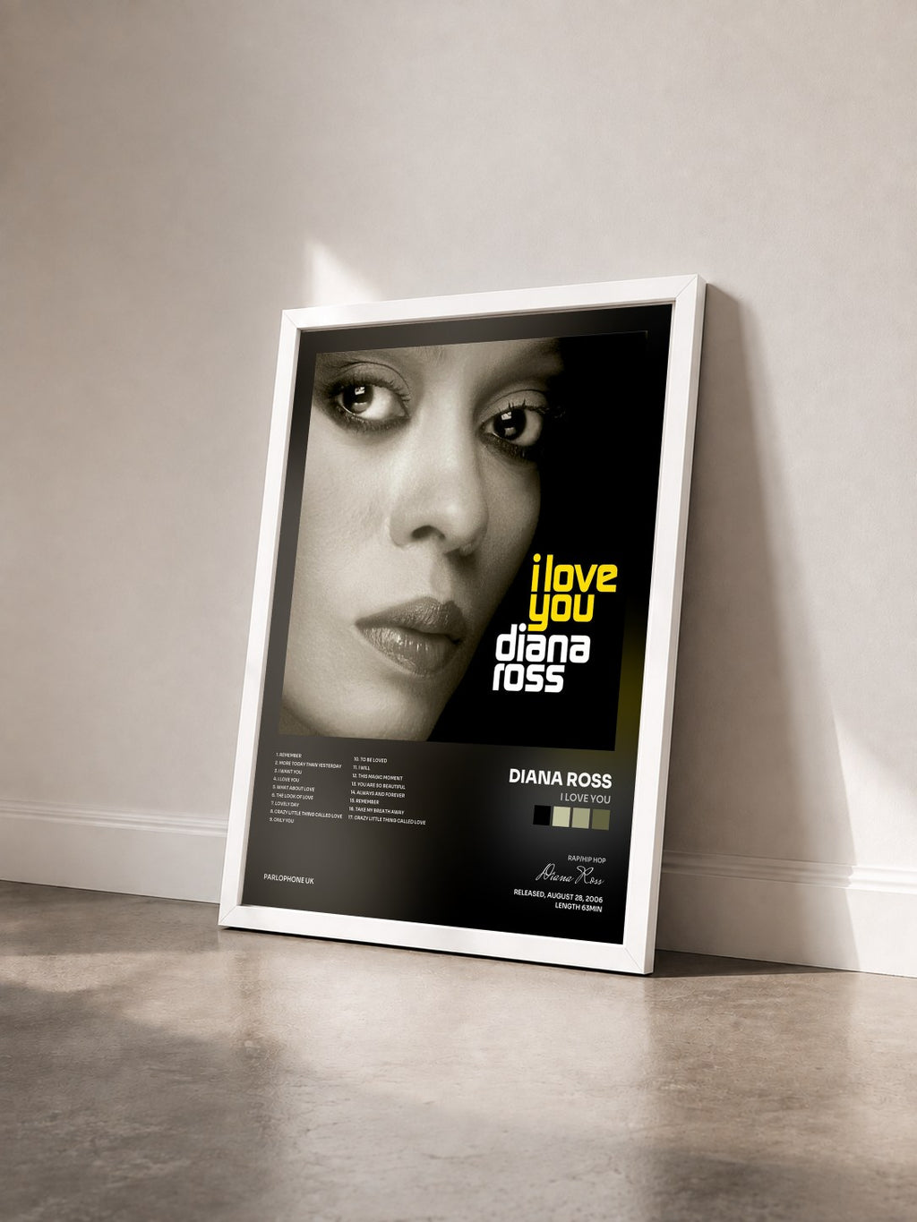 #blanc Tableau de l'album I Love You de Diana Ross vu de trois quarts, cadre blanc