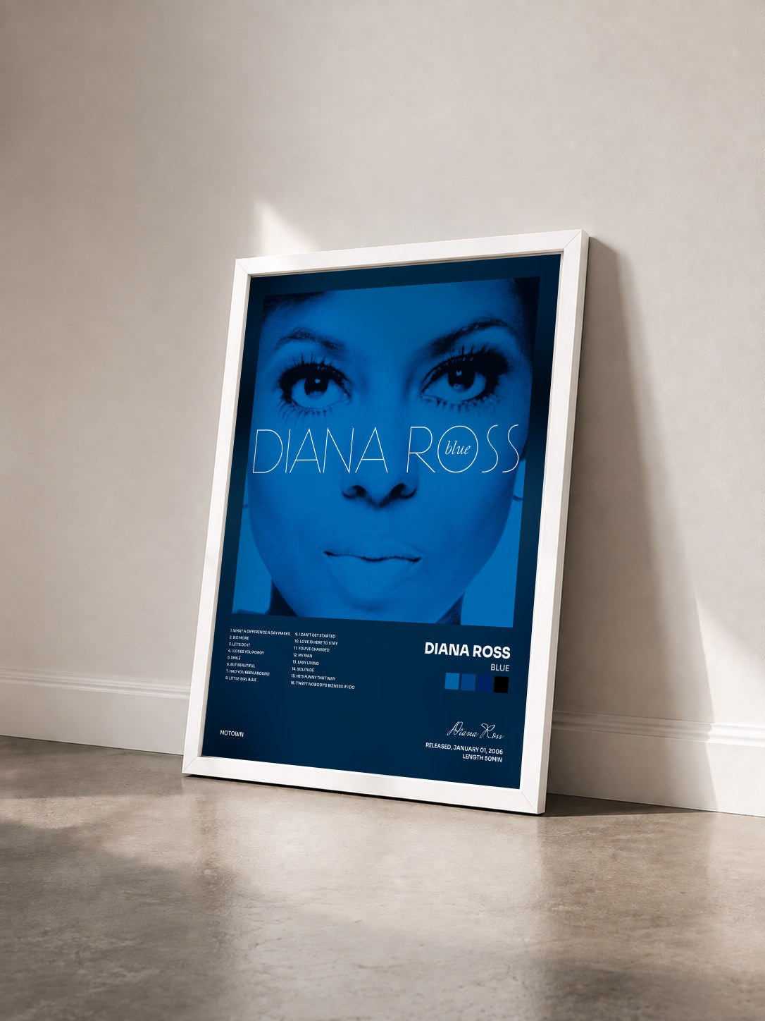 #blanc Tableau de l'album Blue de Diana Ross vu de trois quarts, cadre blanc