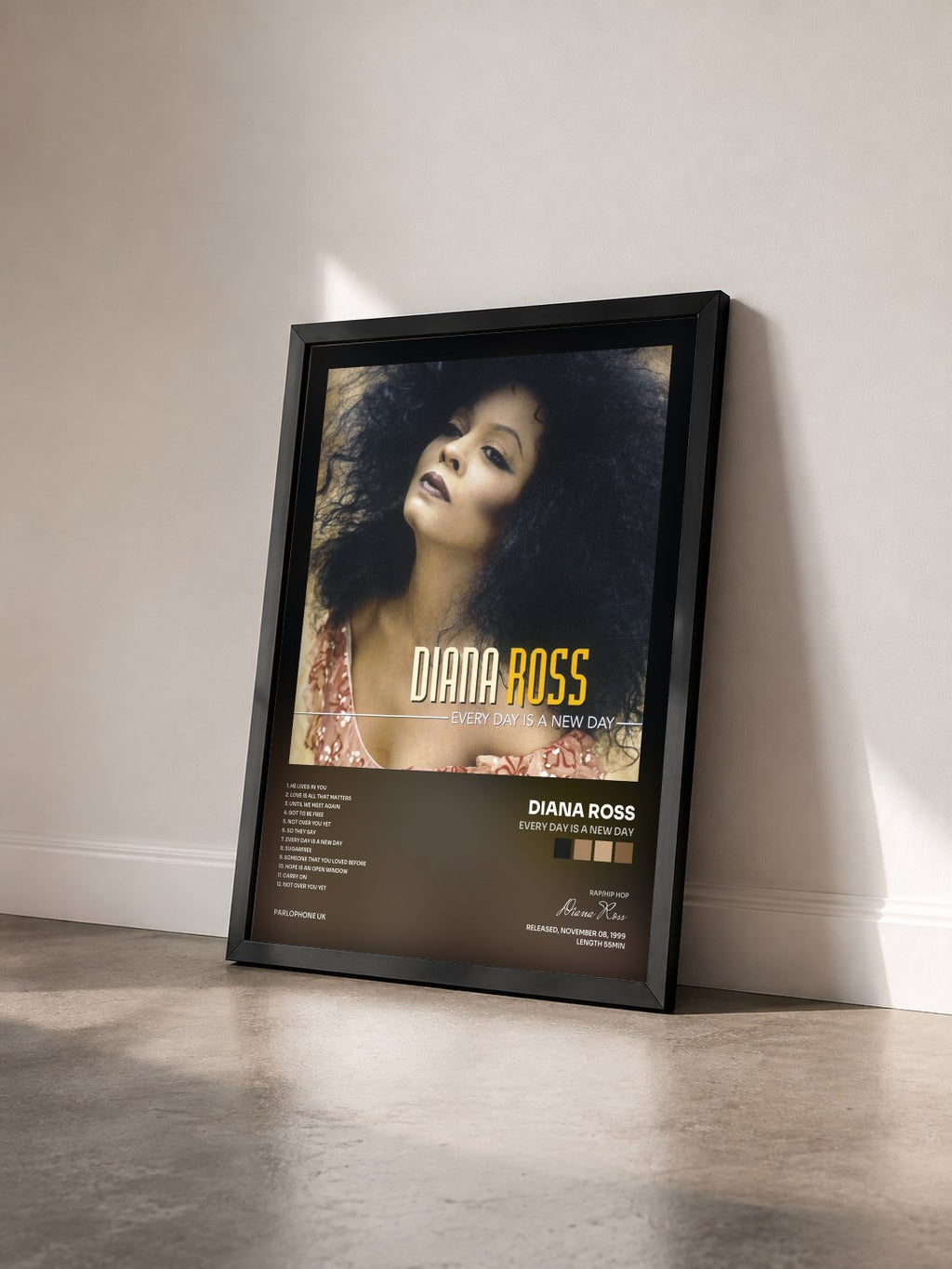 #noir Tableau de l'album Every Day Is a New Day de Diana Ross vu de trois quarts, cadre noir