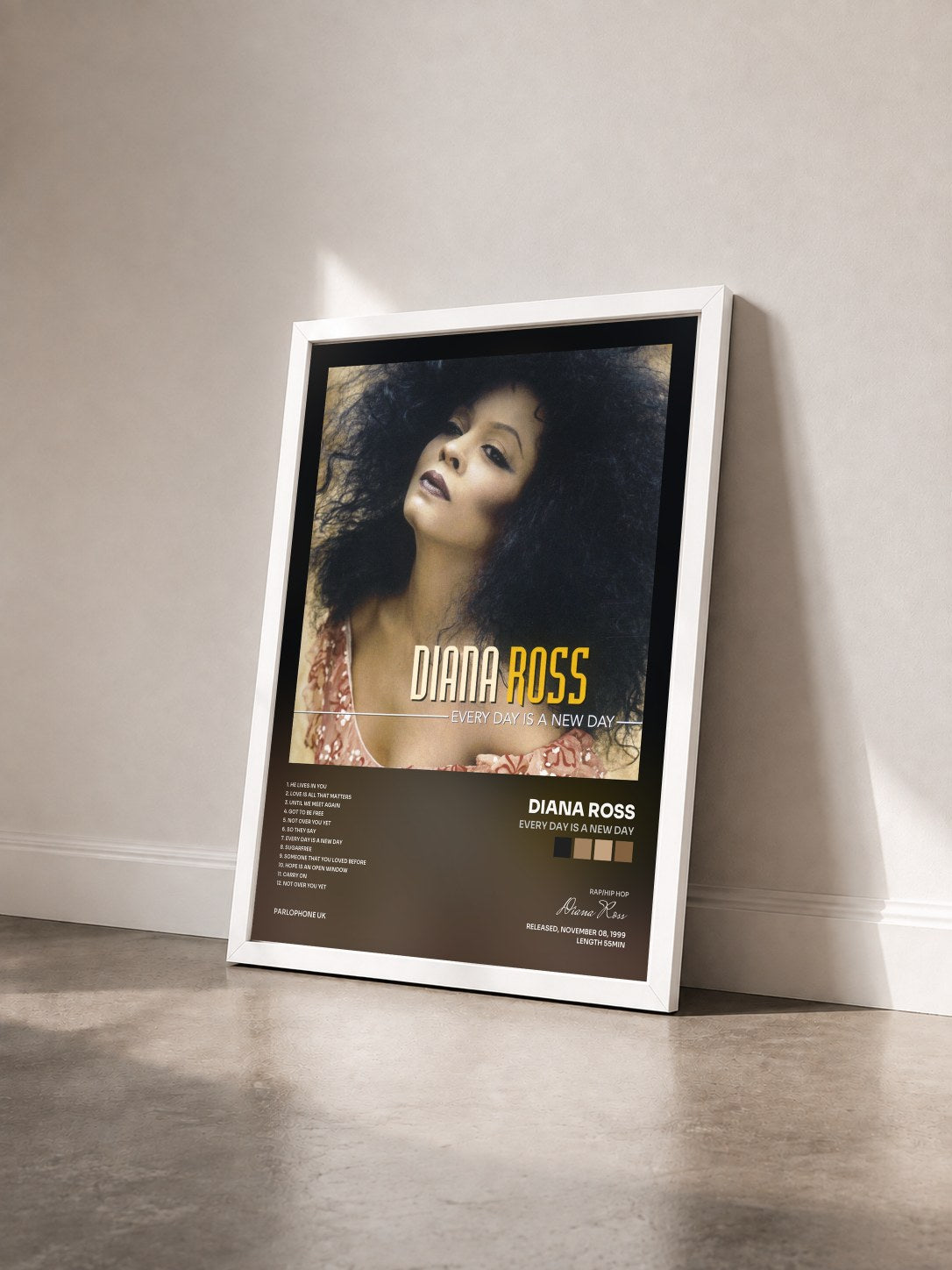 #blanc Tableau de l'album Every Day Is a New Day de Diana Ross vu de trois quarts, cadre blanc