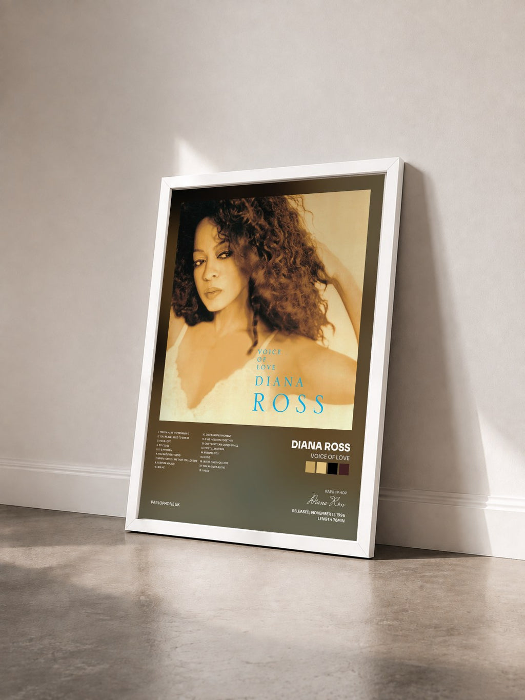 #blanc Tableau de l'album Voice of Love de Diana Ross vu de trois quarts, cadre blanc