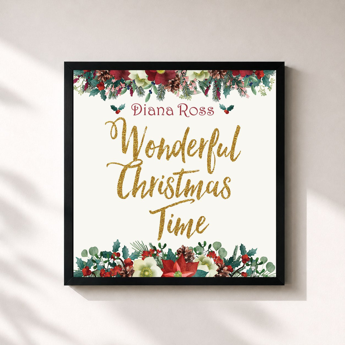 #noir Tableau carré de l'album Wonderful Christmas Time de Diana Ross, cadre noir 32x32 cm