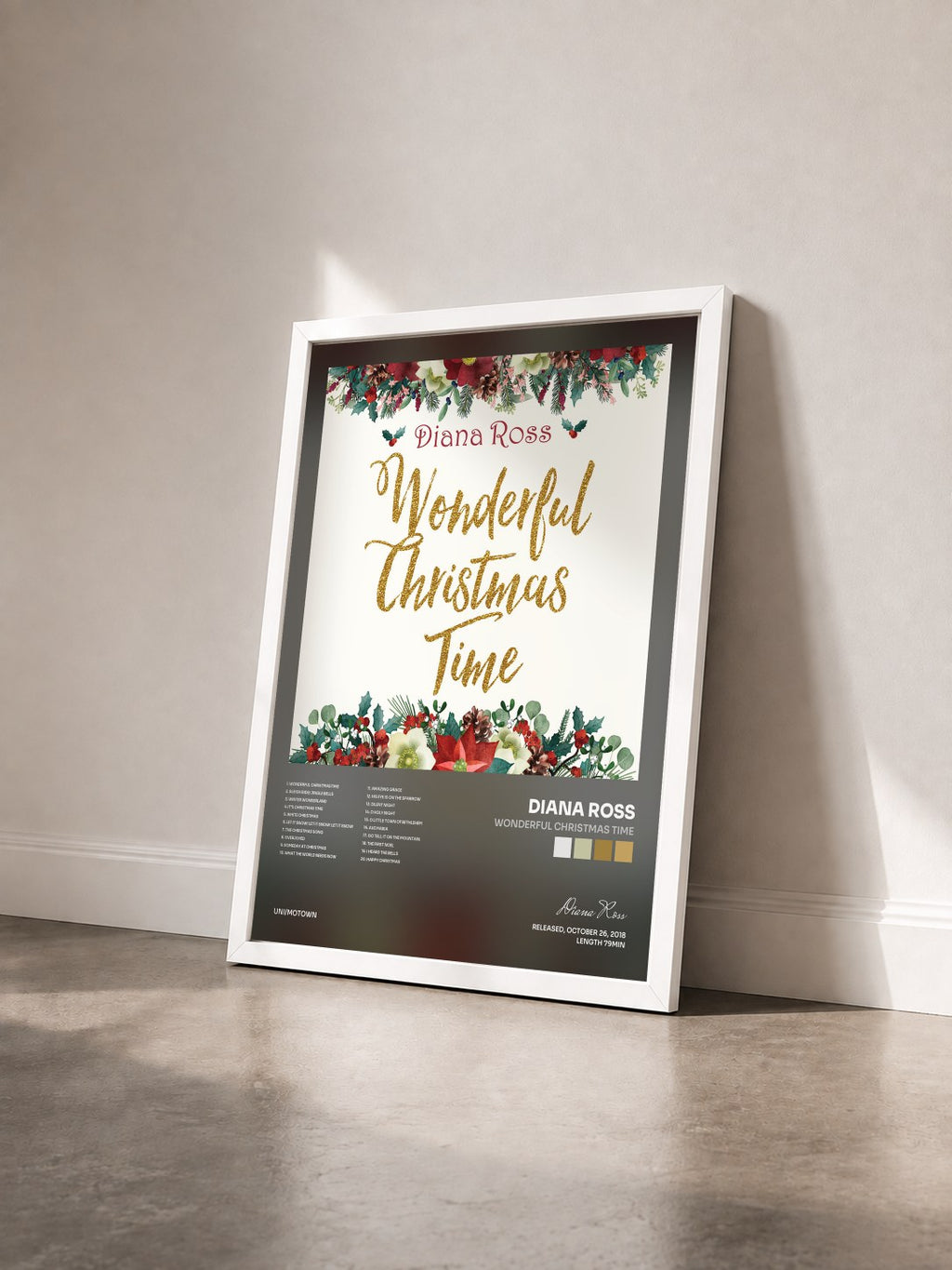 #blanc Tableau de l'album Wonderful Christmas Time de Diana Ross vu de trois quarts, cadre blanc