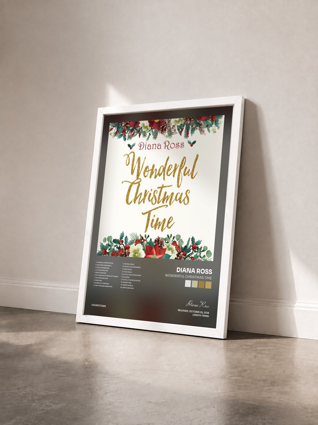 #blanc Tableau de l'album Wonderful Christmas Time de Diana Ross vu de trois quarts, cadre blanc