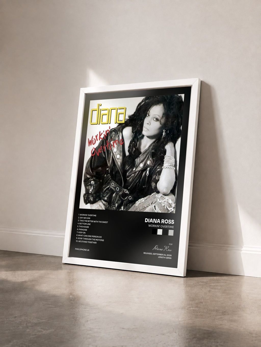 #blanc Tableau de l'album Workin' Overtime de Diana Ross vu de trois quarts, cadre blanc