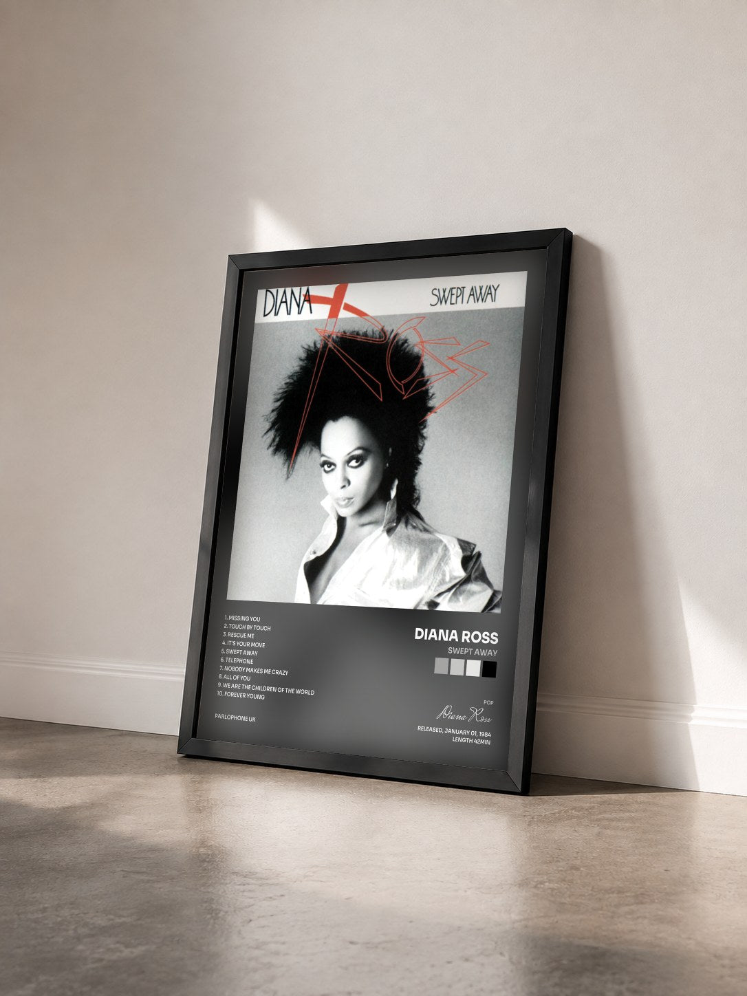 #noir Tableau de l'album Swept Away de Diana Ross vu de trois quarts, cadre noir