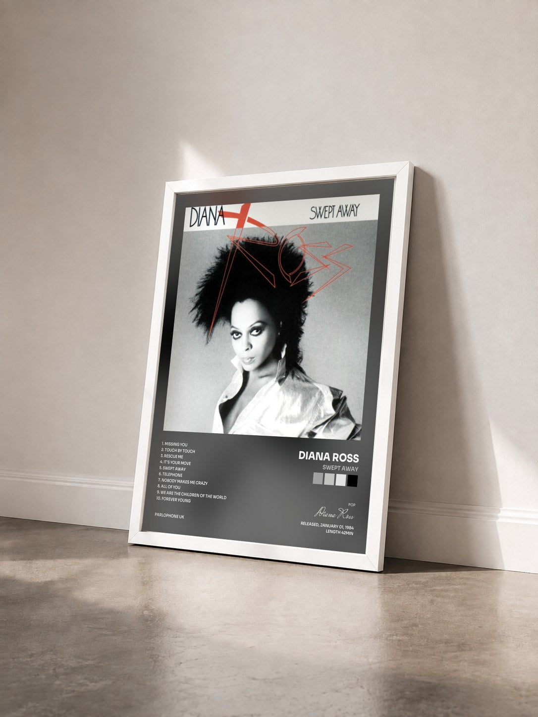 #blanc Tableau de l'album Swept Away de Diana Ross vu de trois quarts, cadre blanc